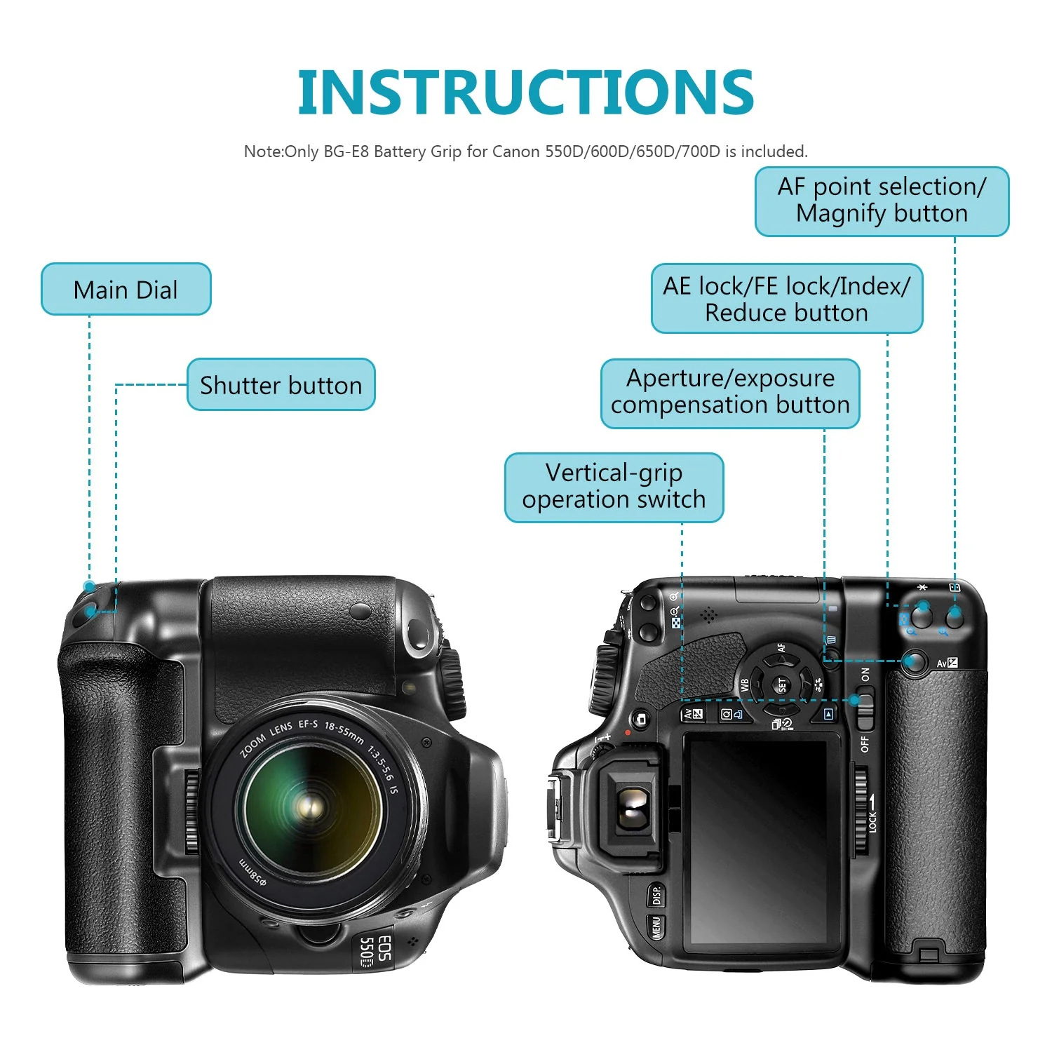 NEEWER BG-E8 Ersatz Batteriegriff für Canon EOS 550D/600D/650D/700D Rebel T2i/T3i/T4i/T5i - Image 3