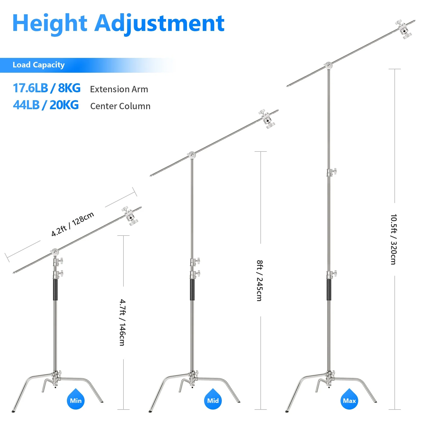 NEEWER SC320 Pro 320cm Schwerlast 100% Edelstahl C-Stand mit Auslegerarm - Image 2