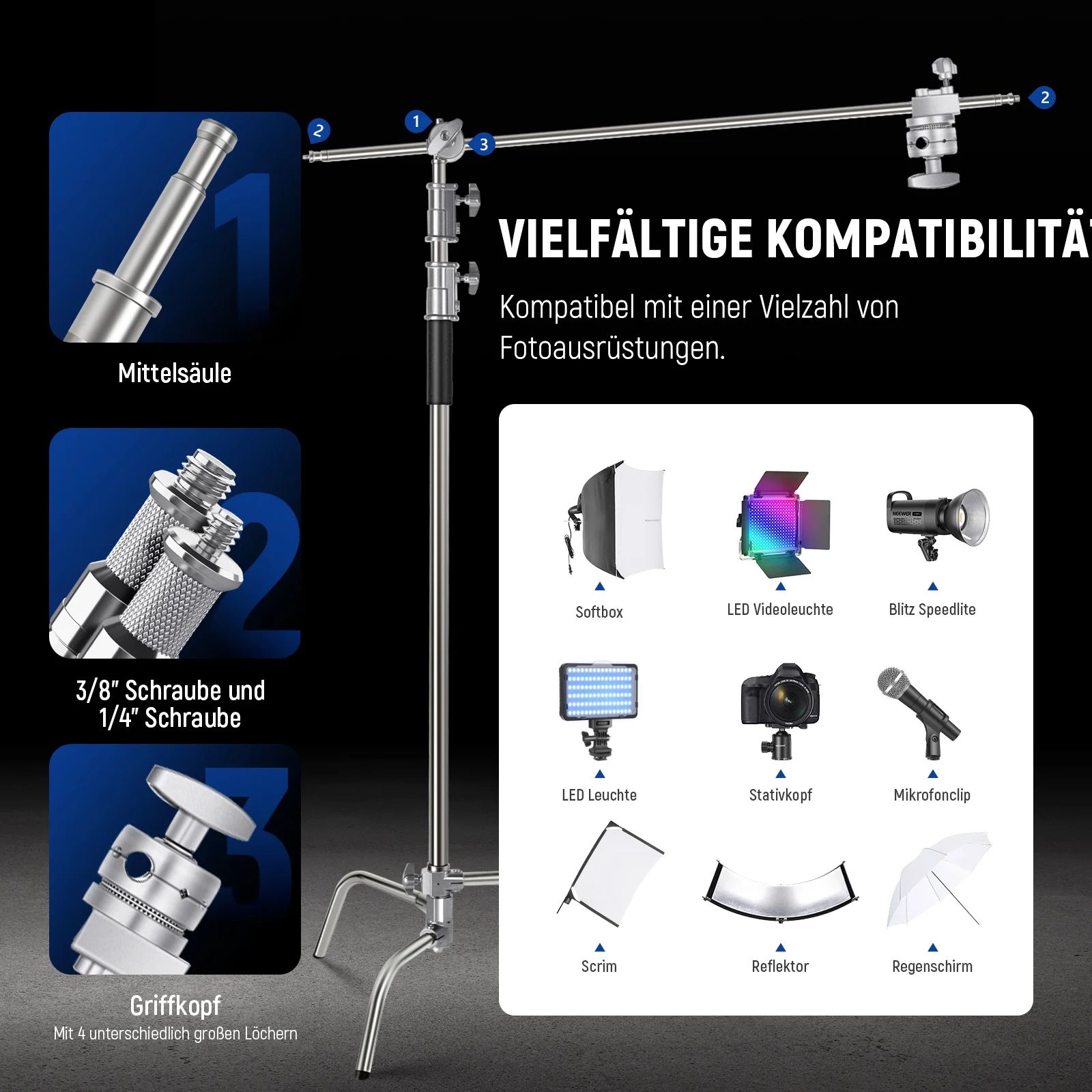 NEEWER SC320B 305cm Verstellbarer C-Stand Lichtstativ mit Tragetasche - Image 6