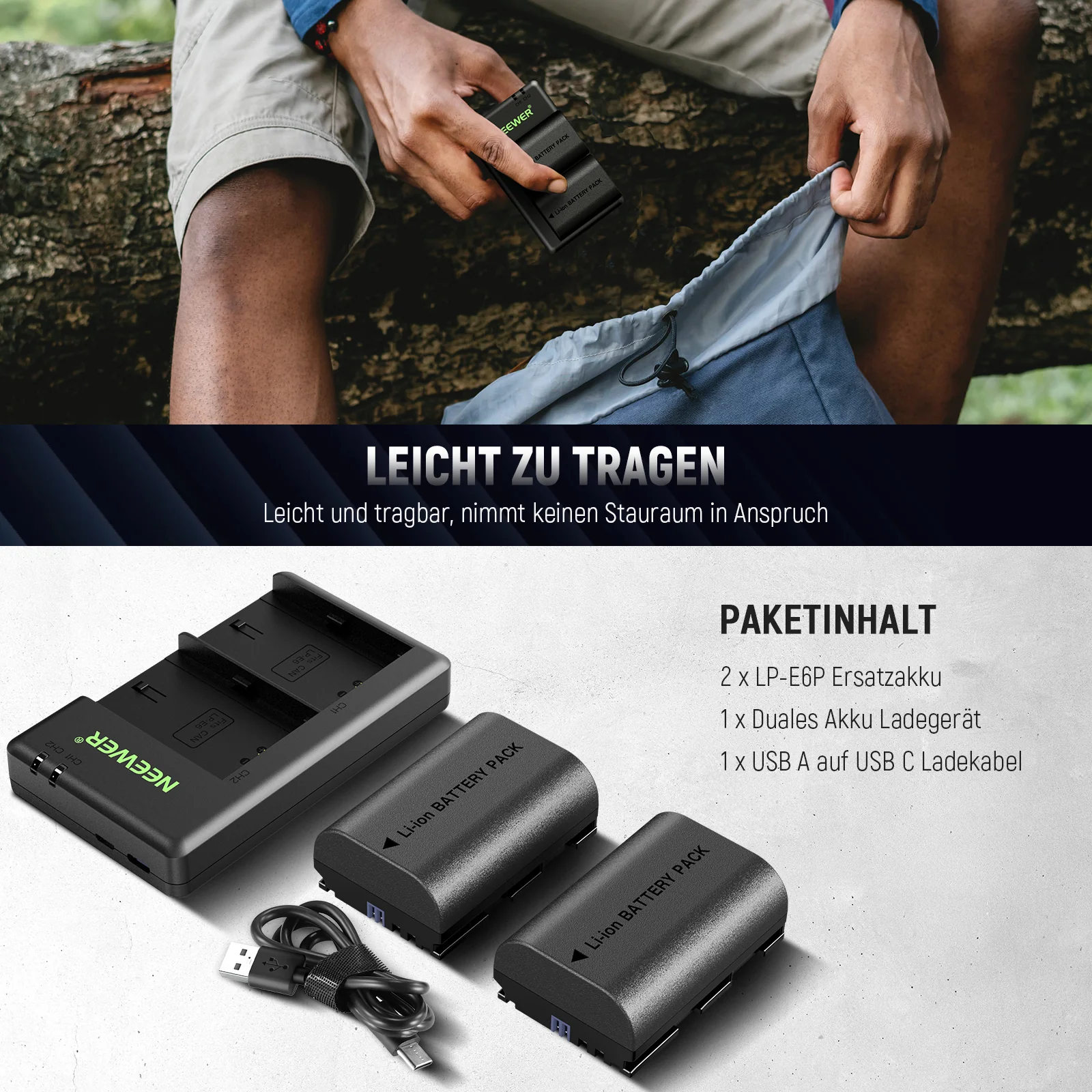 NEEWER 2er Pack 2200mAh LP-E6P/LP-E6NH Ersatzakku & USB Doppel Ladegerät - Image 9