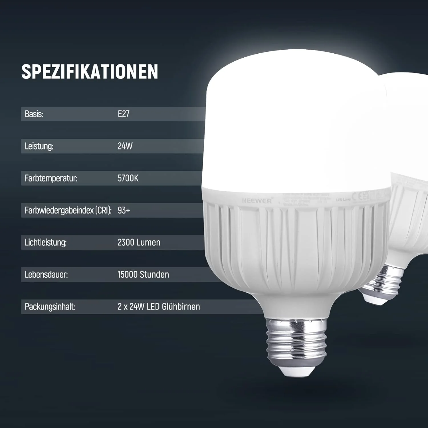 NEEWER 2er Pack T80 E27 24W LED Glühbirnen - Image 9