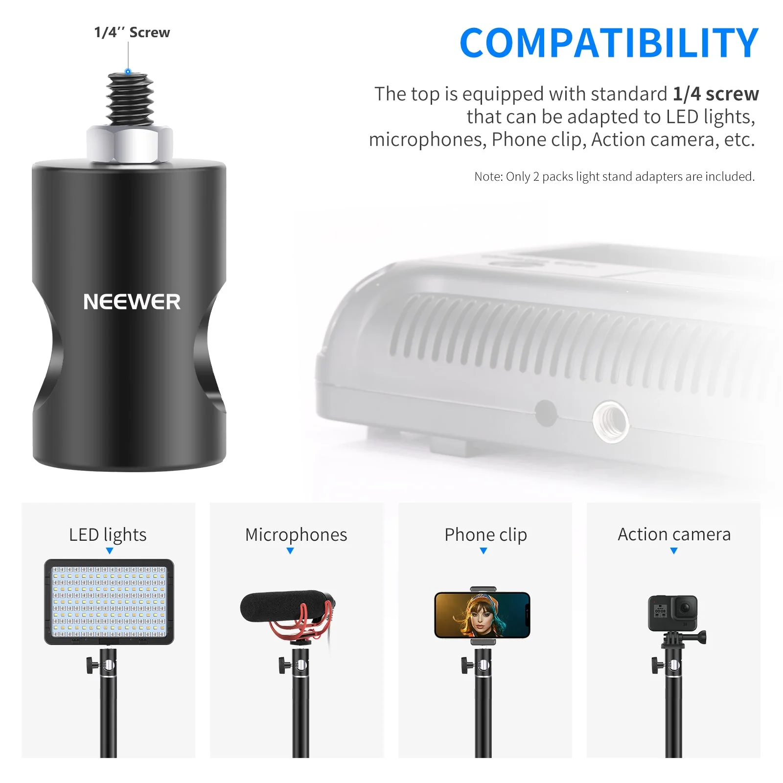 NEEWER 2er Pack ST12 Lichtständer zu 1/4" Schraube Konverter Adapter - Image 3