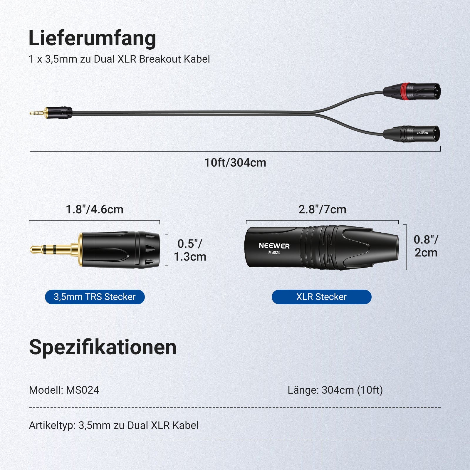 NEEWER 3,5mm 1/8 Zoll TRS AUX auf Dual XLR Breakout-Kabel - Image 21