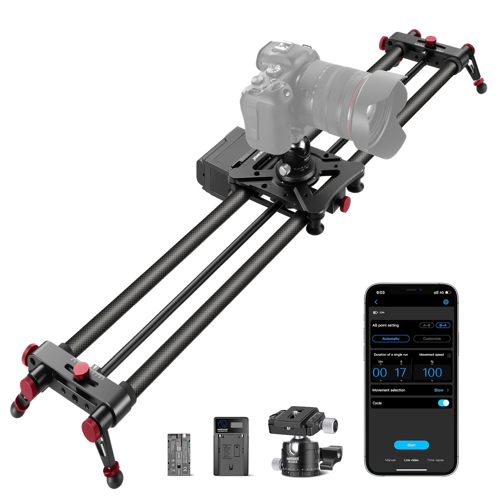NEEWER ER1 motorisierter Kamera Slider aus Kohlefaser mit App Funksteuerung