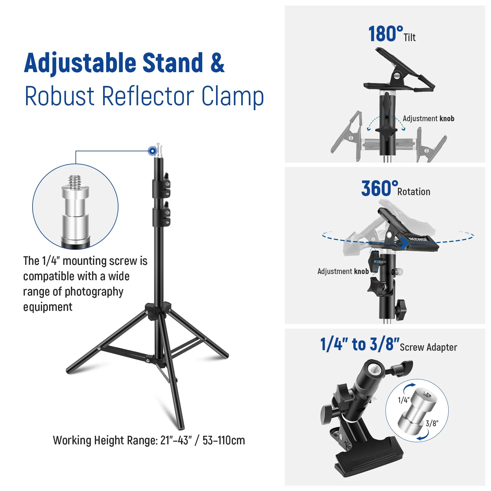NEEWER 43”/110cm Lichtreflektor Set mit Metallklammer und Ständer - Image 6