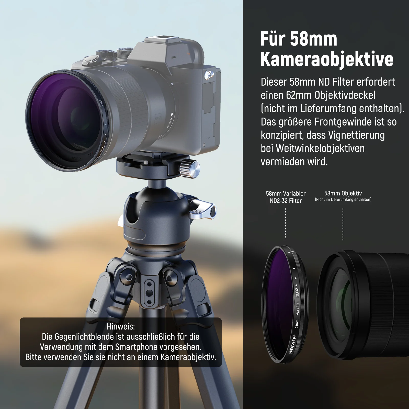 NEEWER 58mm Variable ND2-32 Filter mit Gegenlichtblende für 65mm Teleobjektiv - Image 6