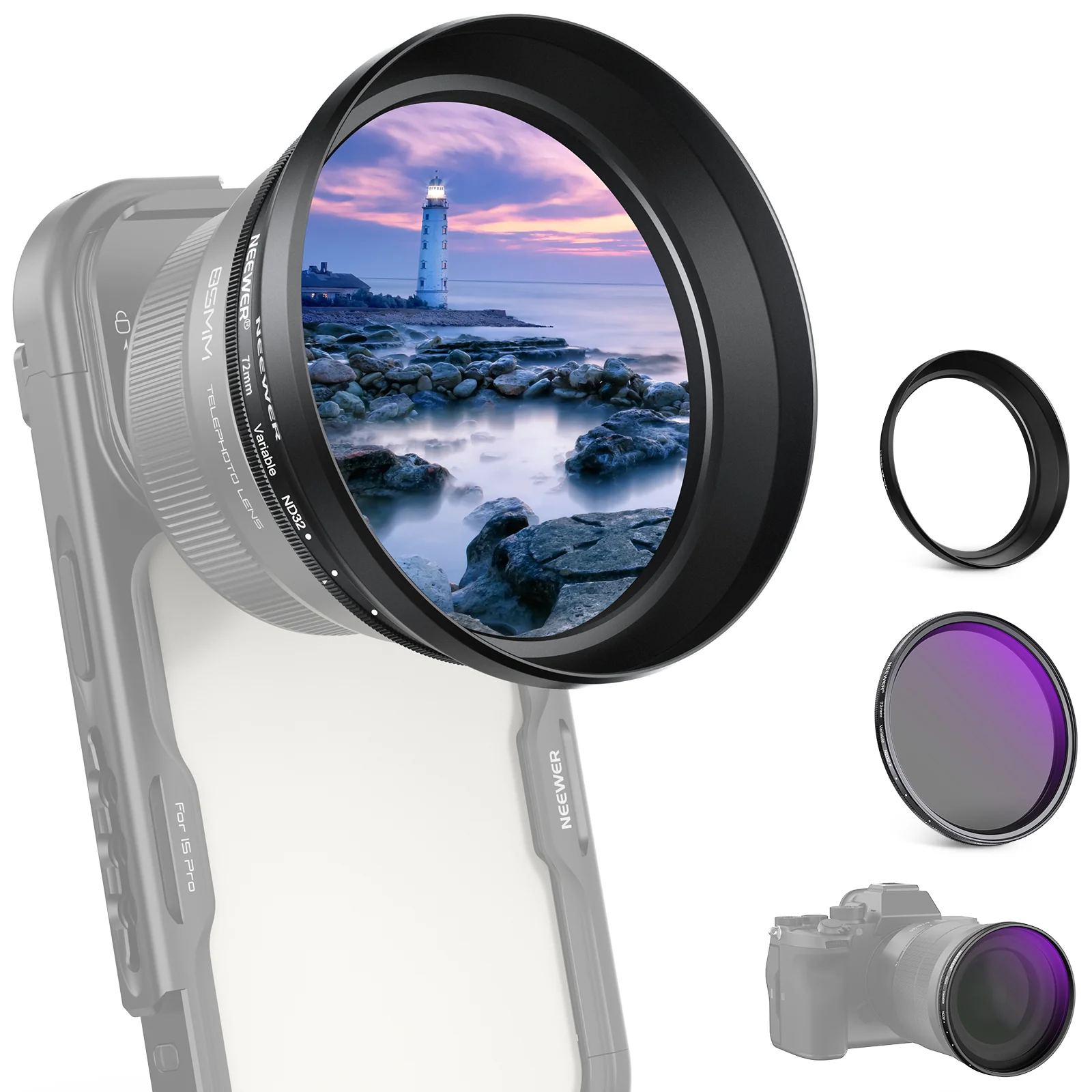 NEEWER 72mm Variabler ND2-32 Filter mit Gegenlichtblende für 85mm Teleobjektiv