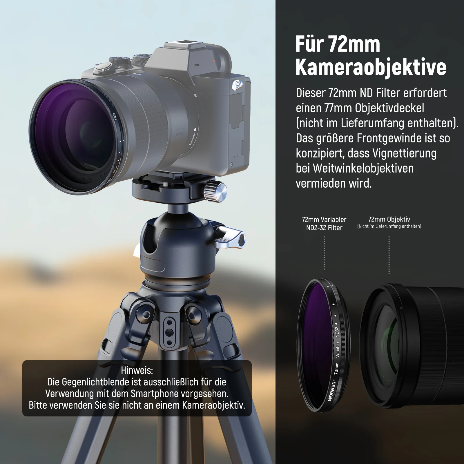 NEEWER 72mm Variabler ND2-32 Filter mit Gegenlichtblende für 85mm Teleobjektiv - Image 6