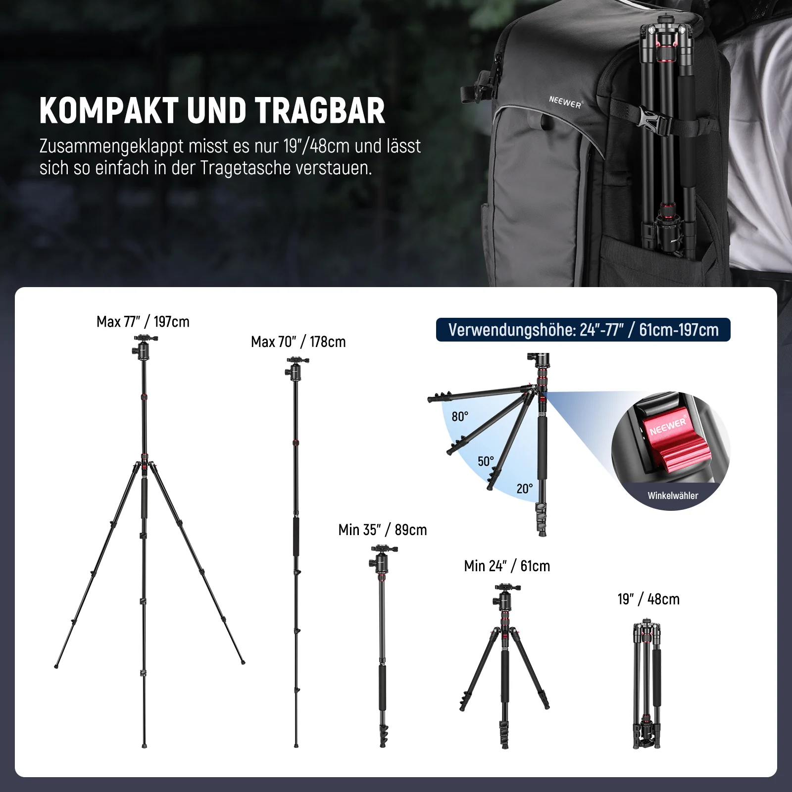 NEEWER TP77 77'' 197cm Aluminimlegierung Kamerastativ Einbeinstativ - Image 14