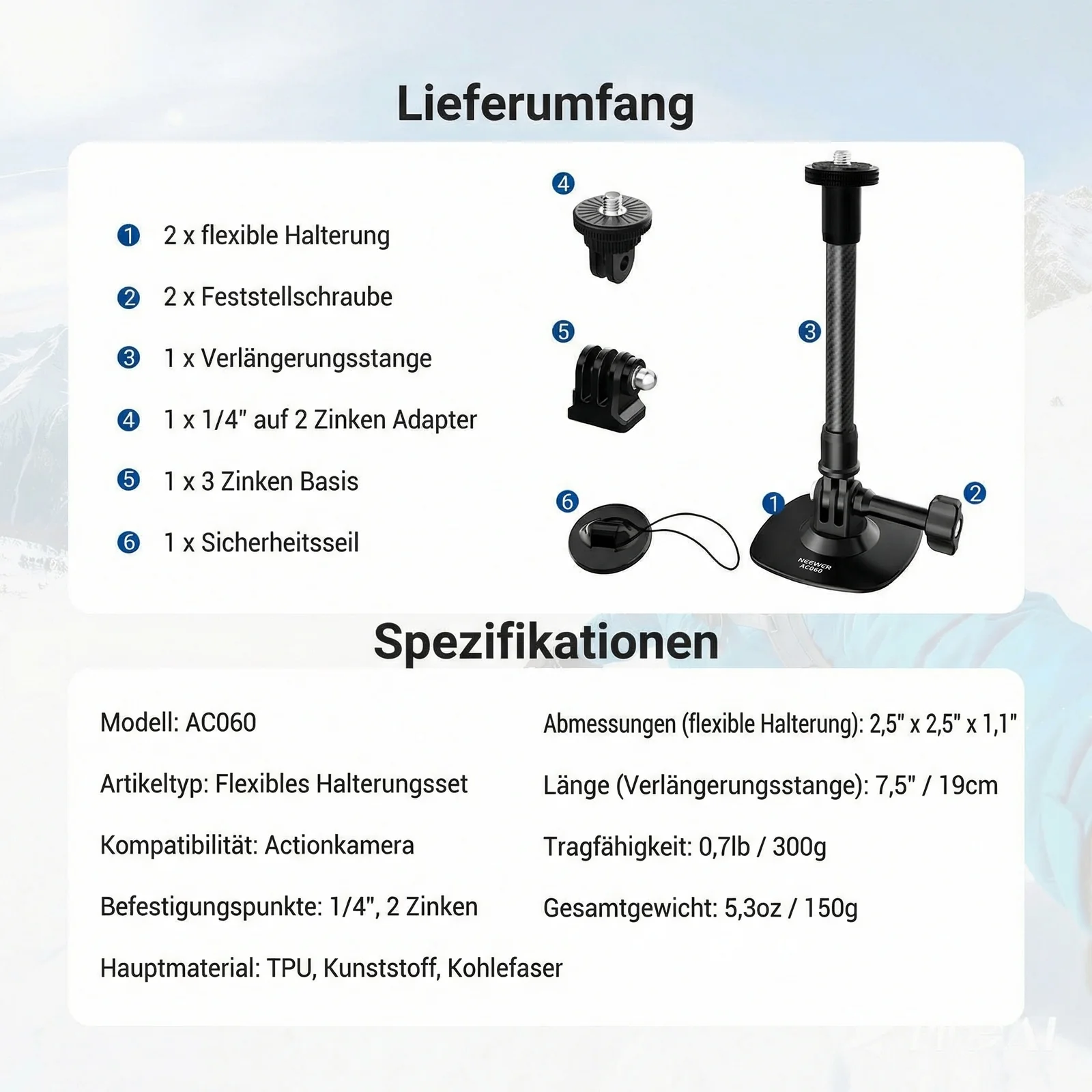 NEEWER AC060 Action-Cam Helmhalterung Set - Image 7