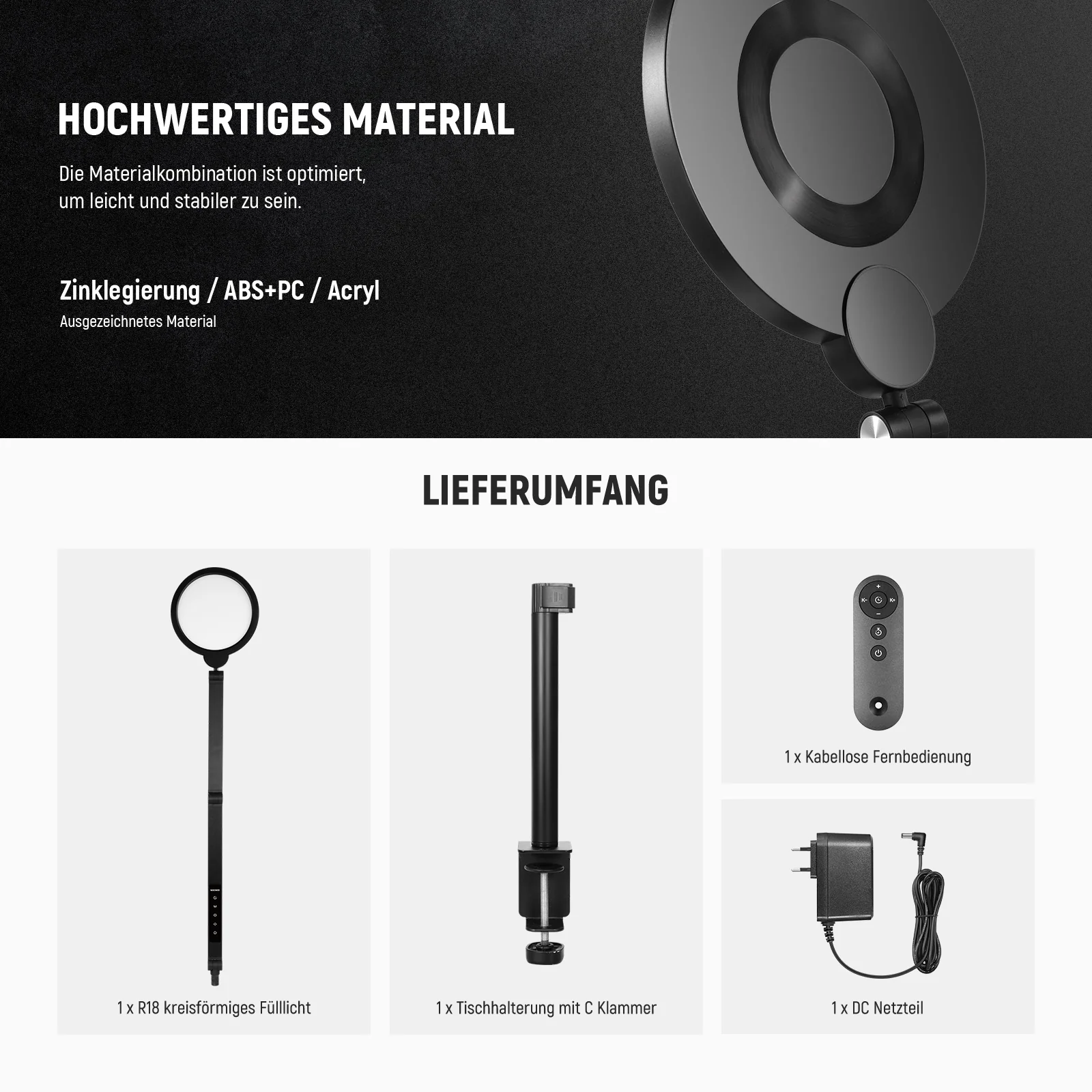 NEEWER BASICS R18 18W 7" Tisch Ringlicht mit Tischhalterung - Image 9
