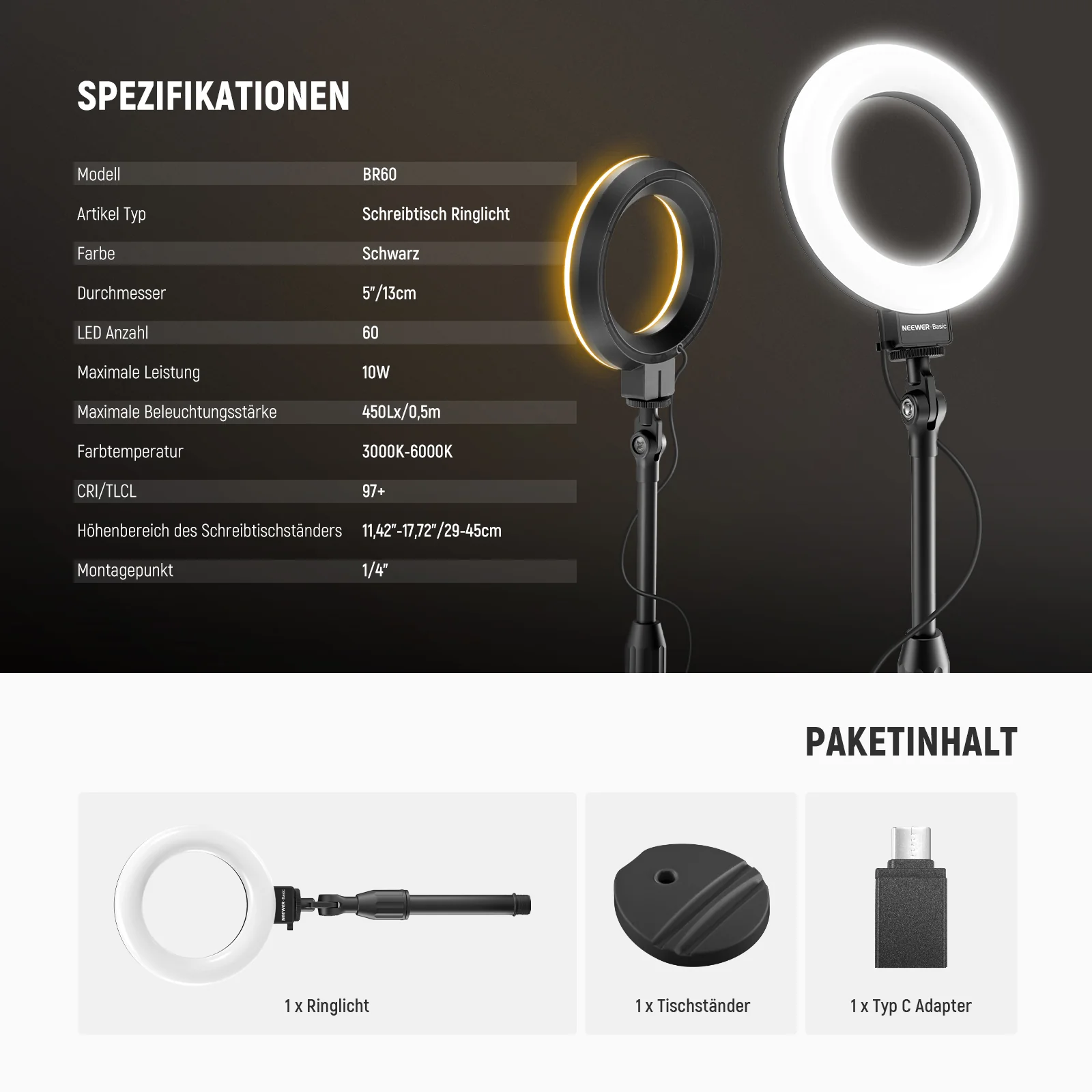 NEEWER BASICS BR60 5"/13cm Tisch Ringlicht mit Ständer - Image 11