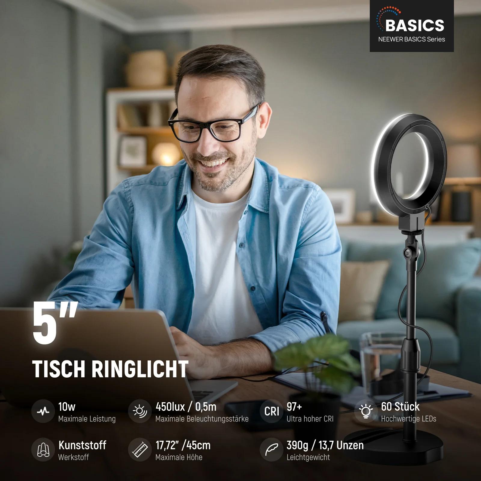 NEEWER BASICS BR60 5"/13cm Tisch Ringlicht mit Ständer - Image 15