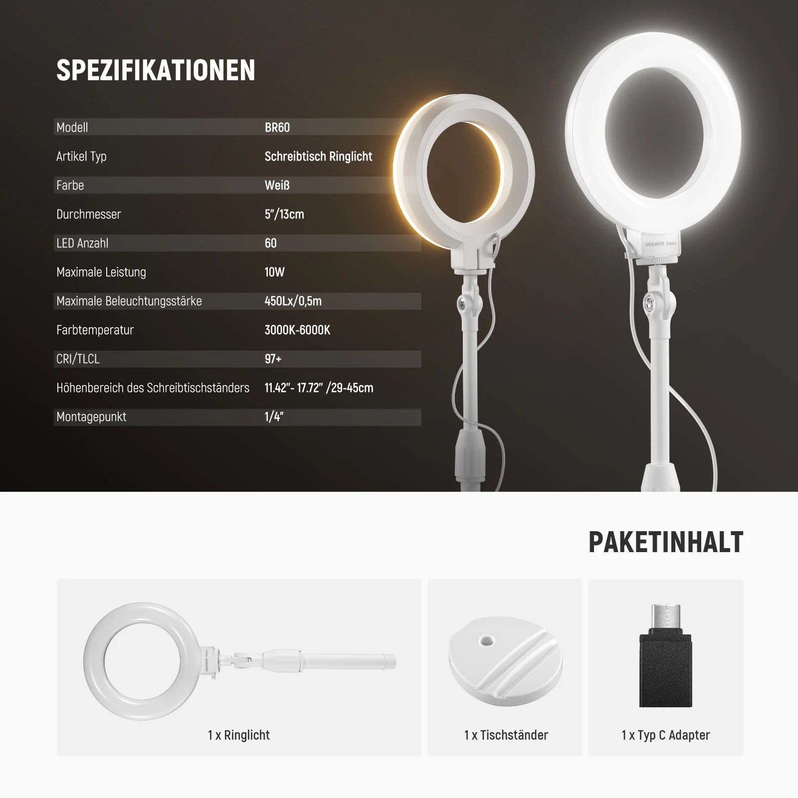 NEEWER BASICS BR60 5"/13cm Tisch Ringlicht mit Ständer - Image 8