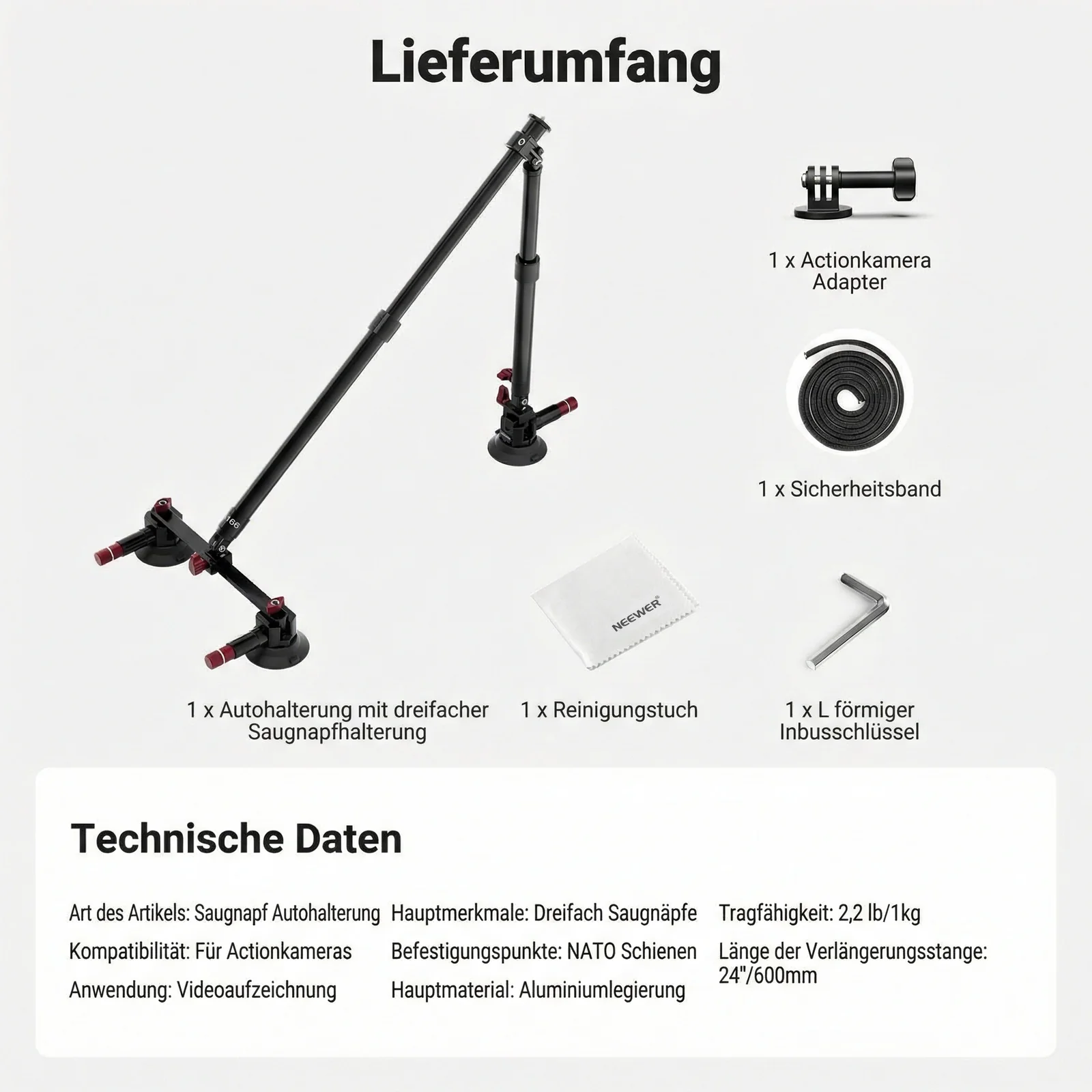 NEEWER BASICS CA166 Dreifach Saugnapf Autohalterung Set - Image 9