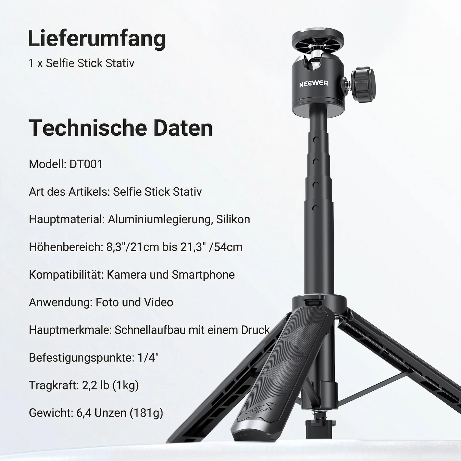 NEEWER BASICS DT001 Ausziehbarer Selfie Stick Stativ - Image 8