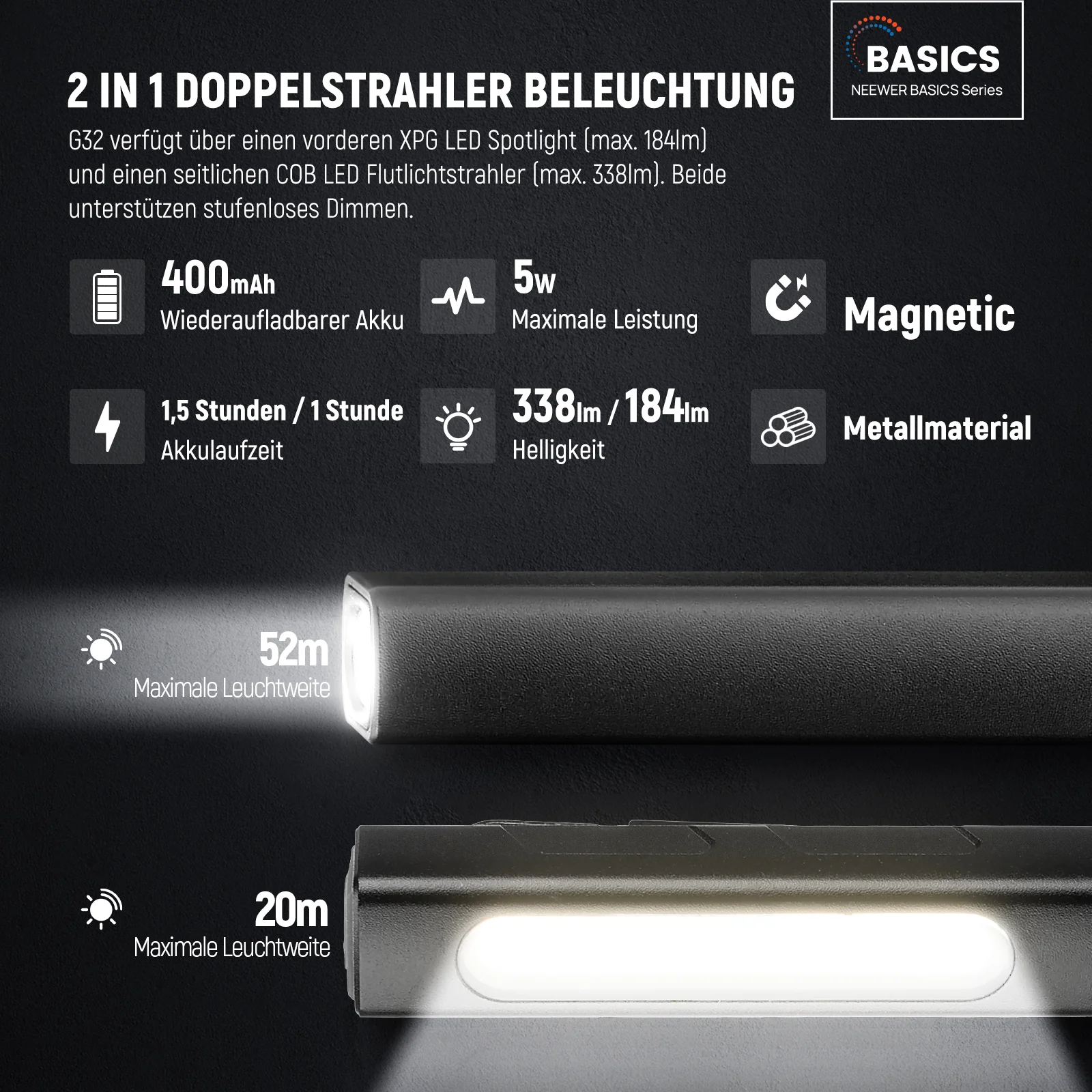 NEEWER BASICS G32 2 in 1 EDC Taschenlampe mit seitlichem COB Flutlicht - Image 2