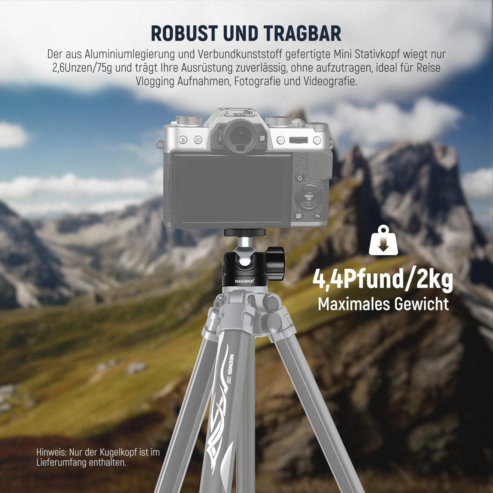 NEEWER BASICS GM01 Mini Kugelkopf, Stativkopf Kamera Montageadapter - Image 5