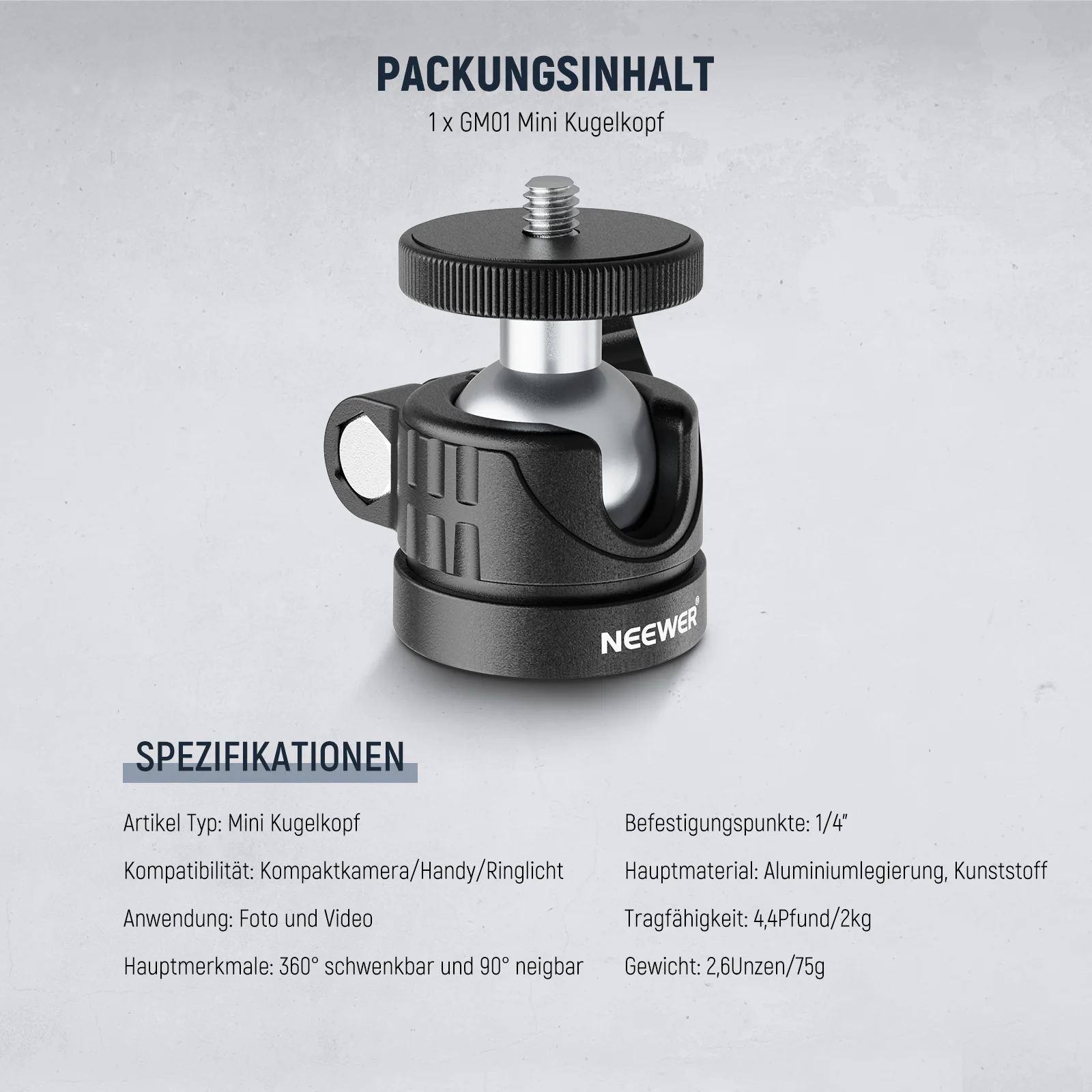 NEEWER BASICS GM01 Mini Kugelkopf, Stativkopf Kamera Montageadapter - Image 7