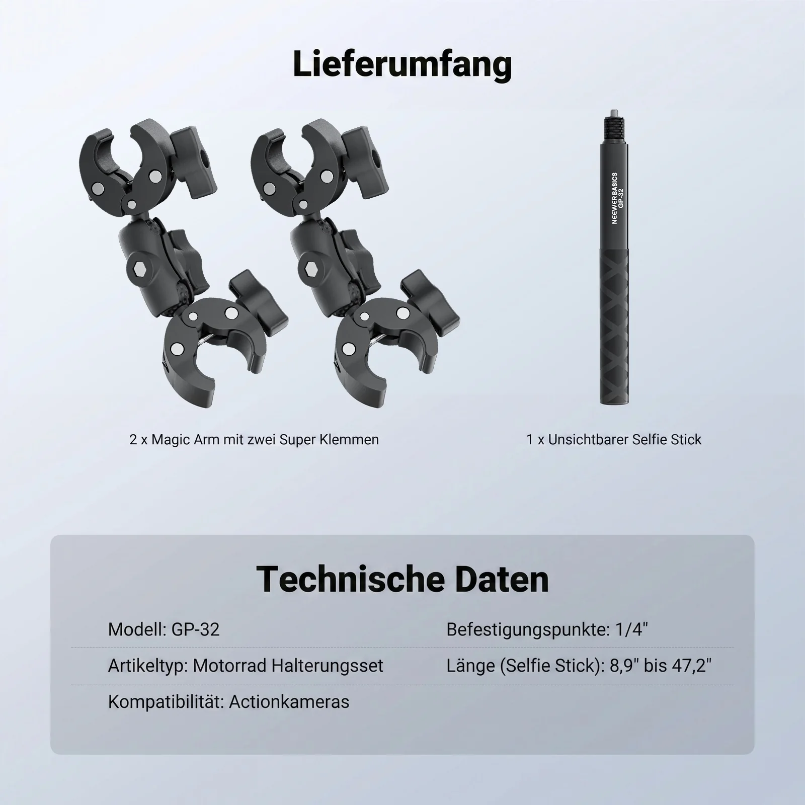 NEEWER BASICS GP-32 Motorrad Klemmhalterung Zubehör Set - Image 8