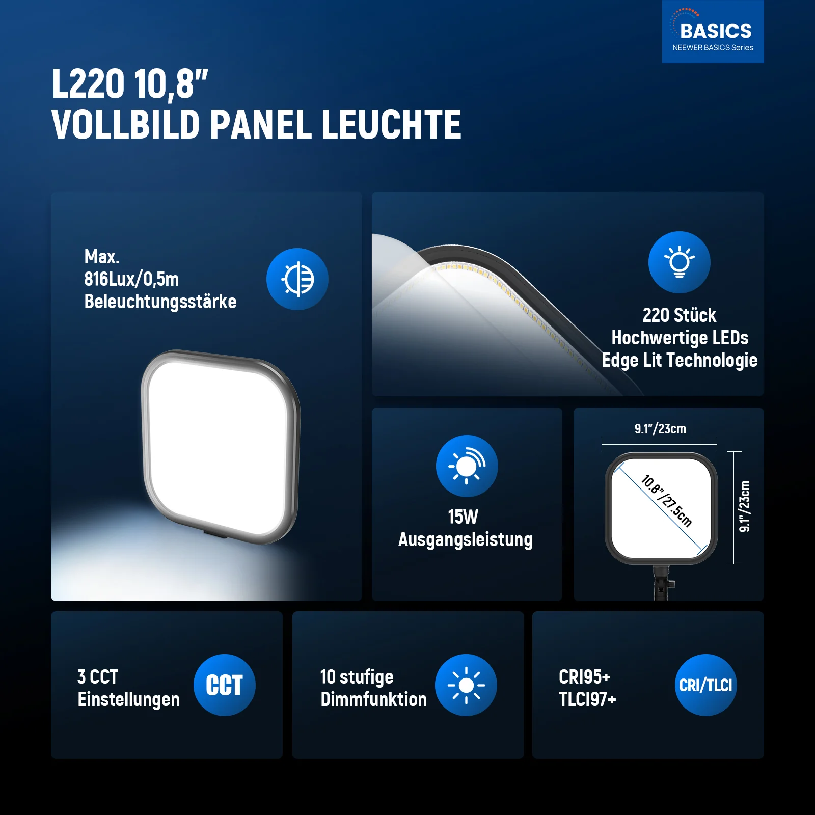 NEEWER BASICS L220 15W 10.8" LED Video Panelleuchte Set - Image 2