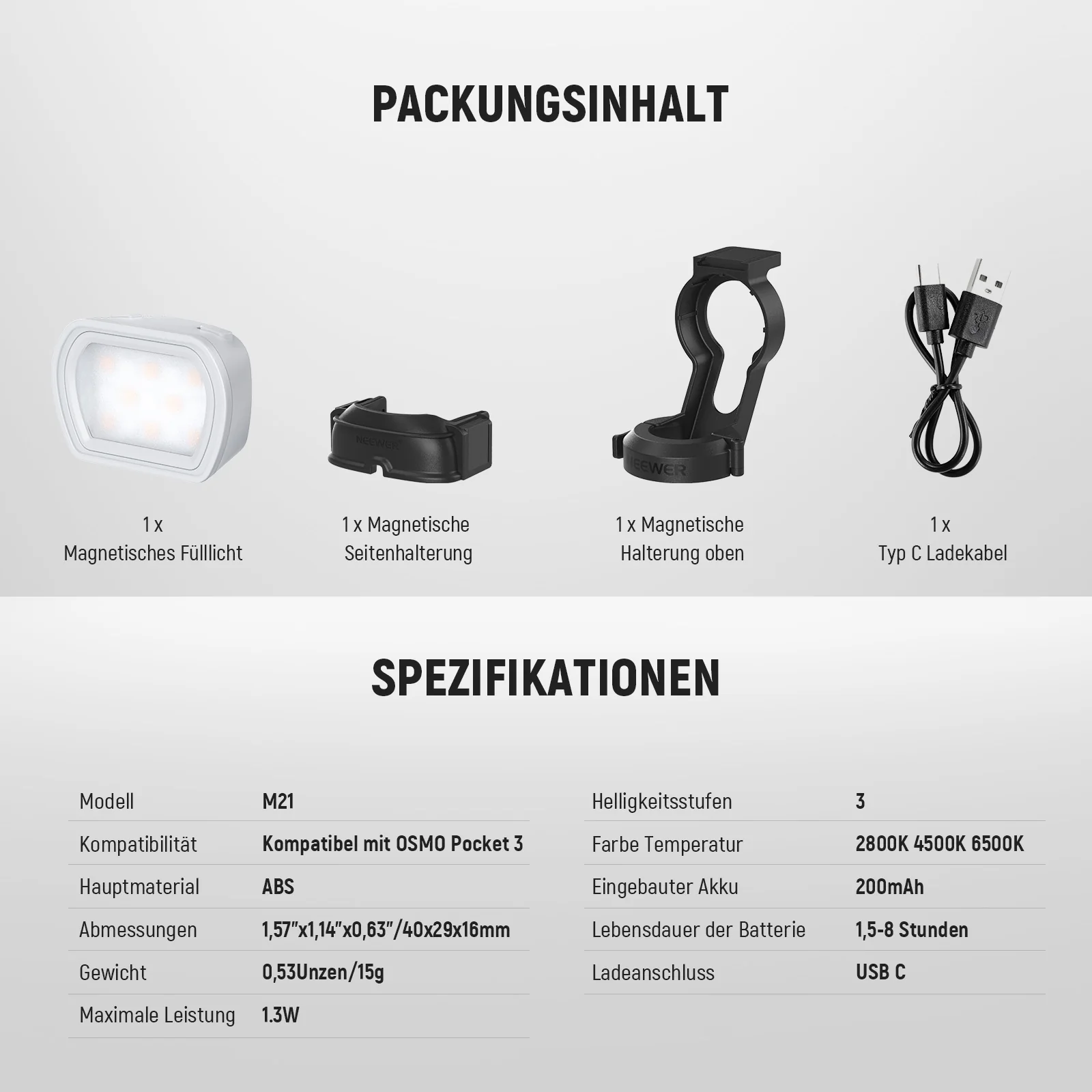 NEEWER BASICS M21 Magnetische Kamera Licht für DJI OSMO Pocket 3 - Image 9