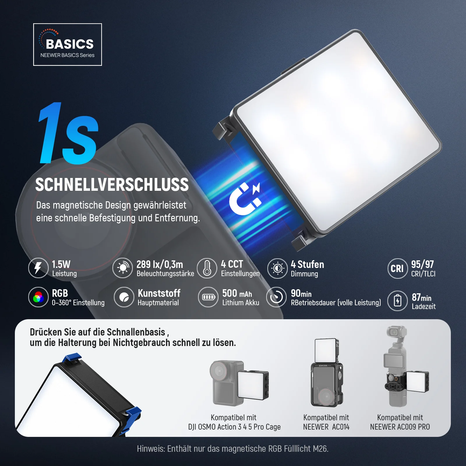 NEEWER BASICS M25/M26 magnetisches LED Videolicht für DJI OSMO Nano Action 3/4/5 Pro - Image 9