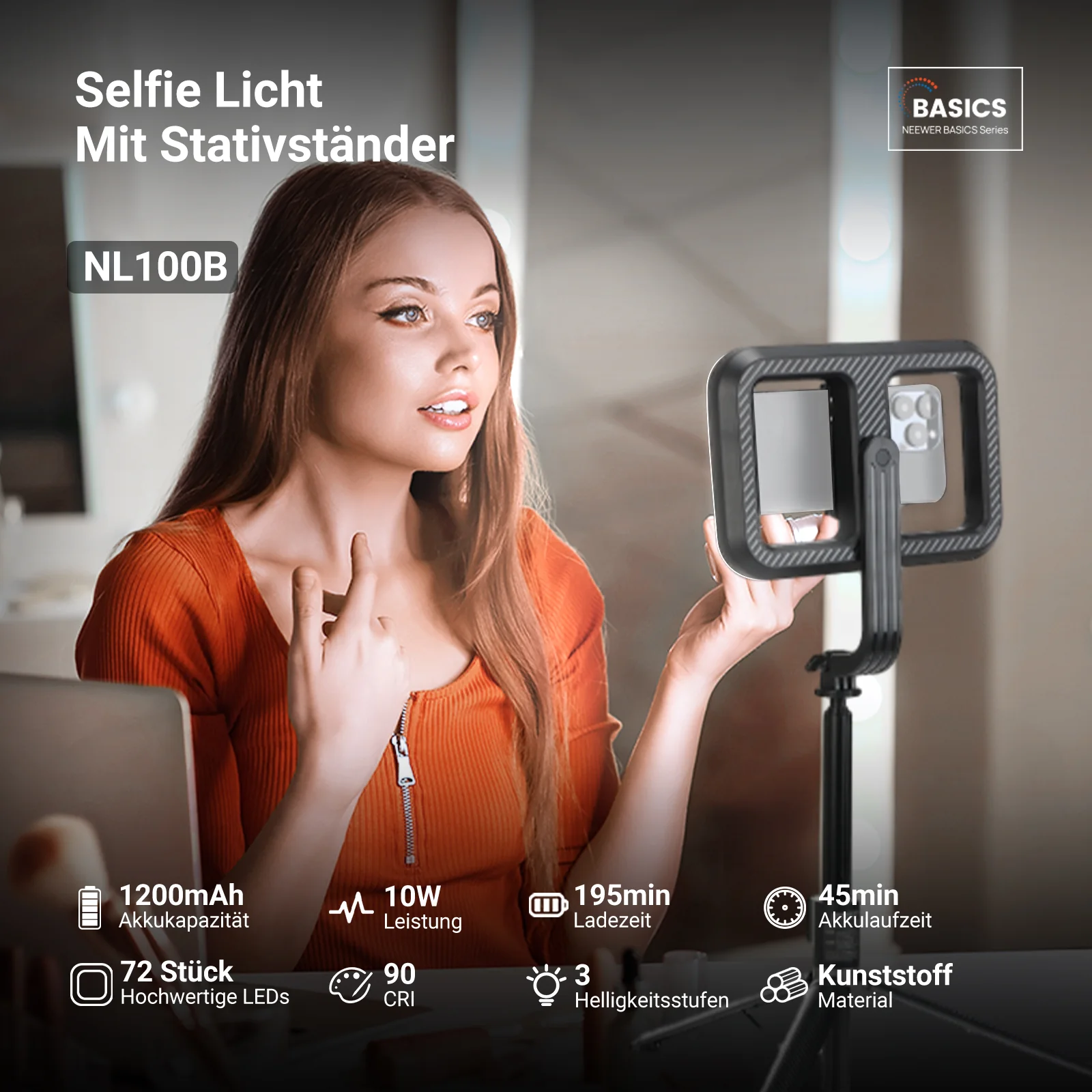 NEEWER BASICS NL100B 10W Vlog Selfie Licht mit Stativ - Image 2