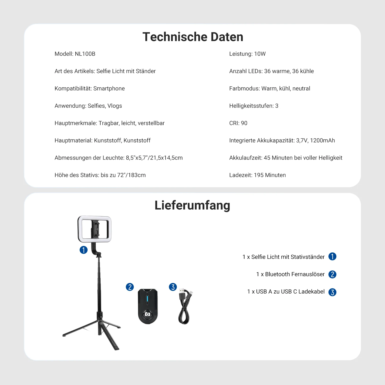 NEEWER BASICS NL100B 10W Vlog Selfie Licht mit Stativ - Image 9