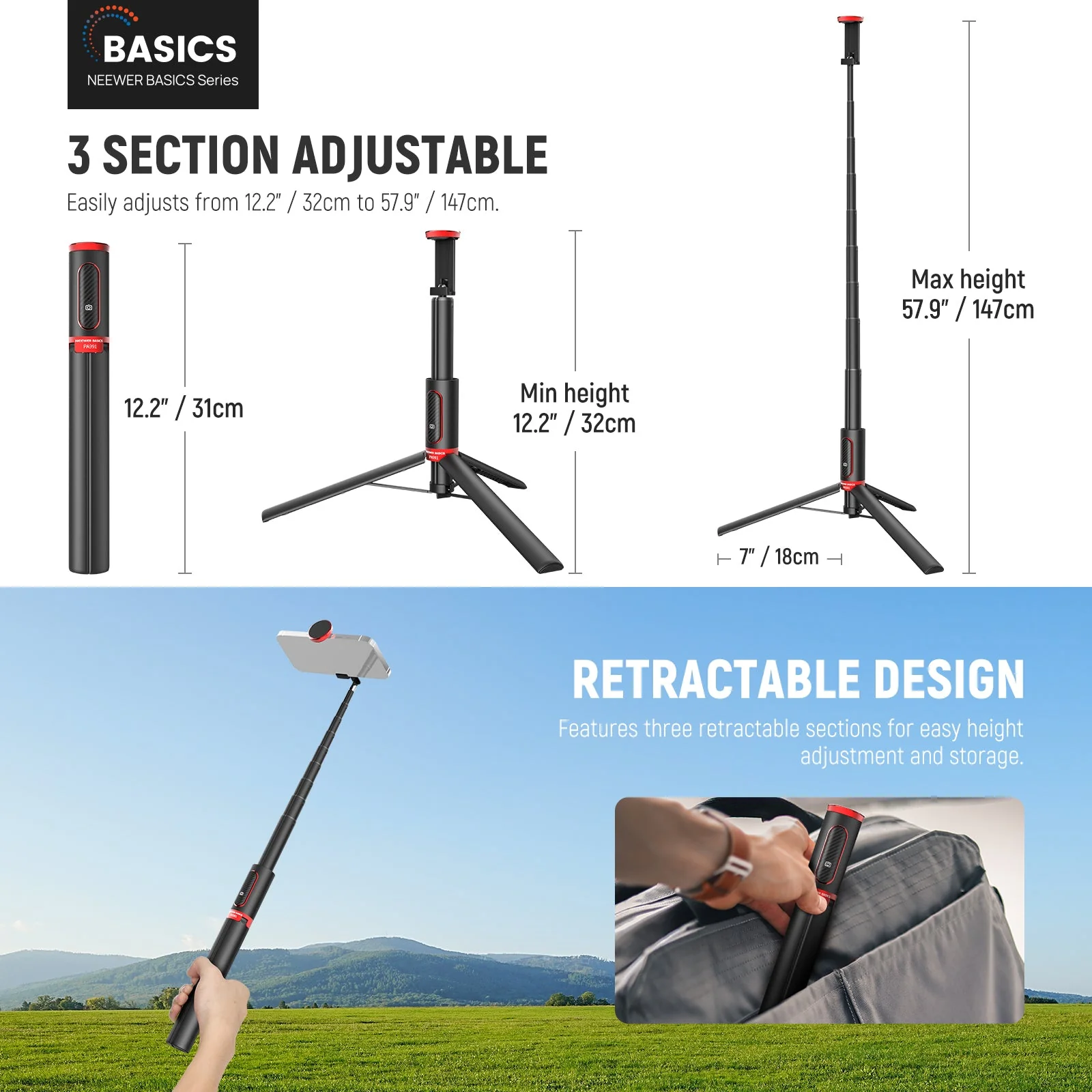 NEEWER BASICS PA991 147cm Selfie Stick Stativ - Image 3