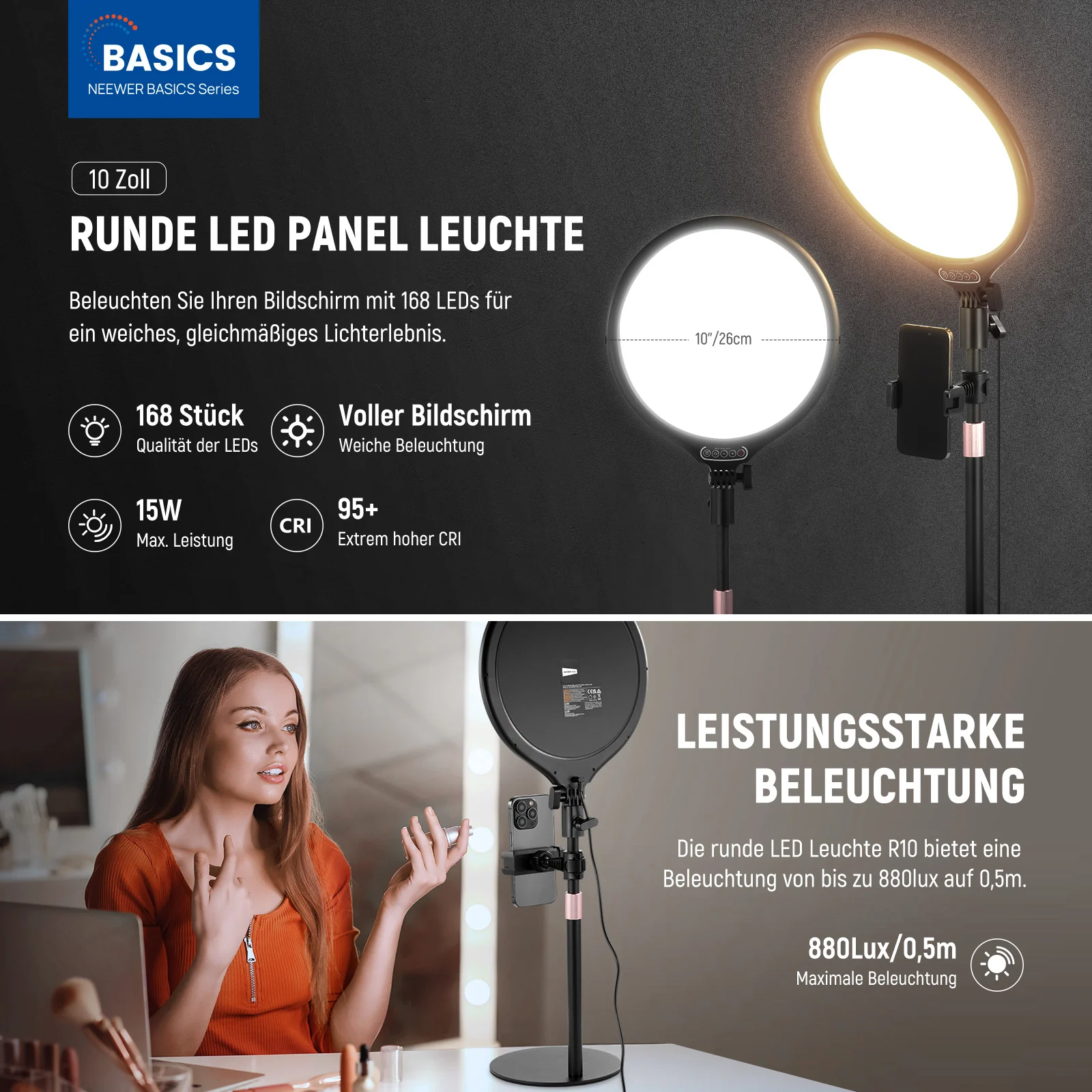 NEEWER BASICS R10 10,5" Rundes LED-Panellicht mit Handyhalterung - Image 11