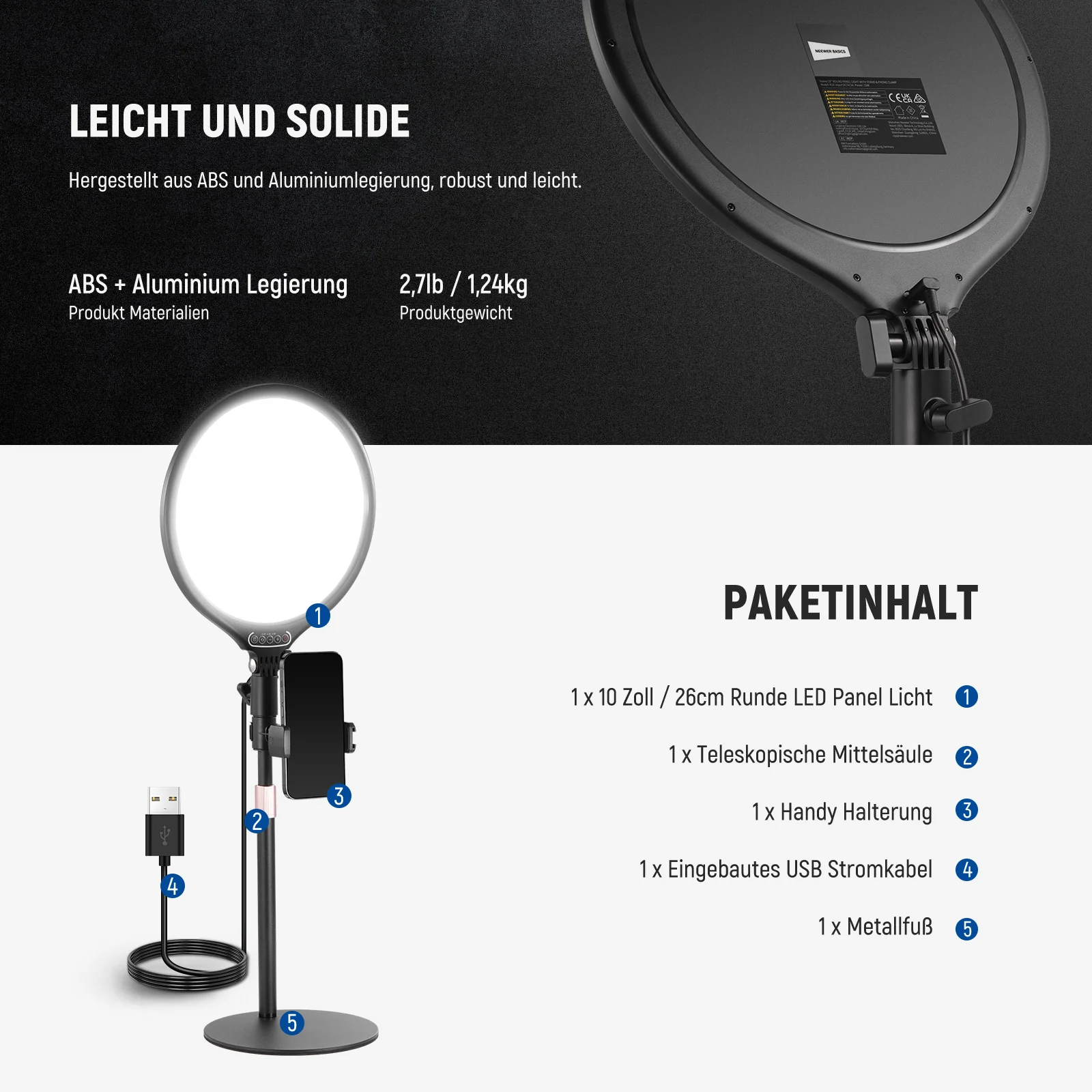 NEEWER BASICS R10 10,5" Rundes LED-Panellicht mit Handyhalterung - Image 8