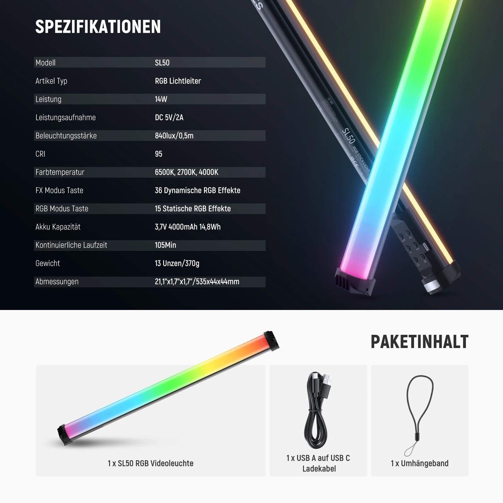 NEEWER BASICS SL50 21" Magnetischer RGB Lichtstab - Image 8