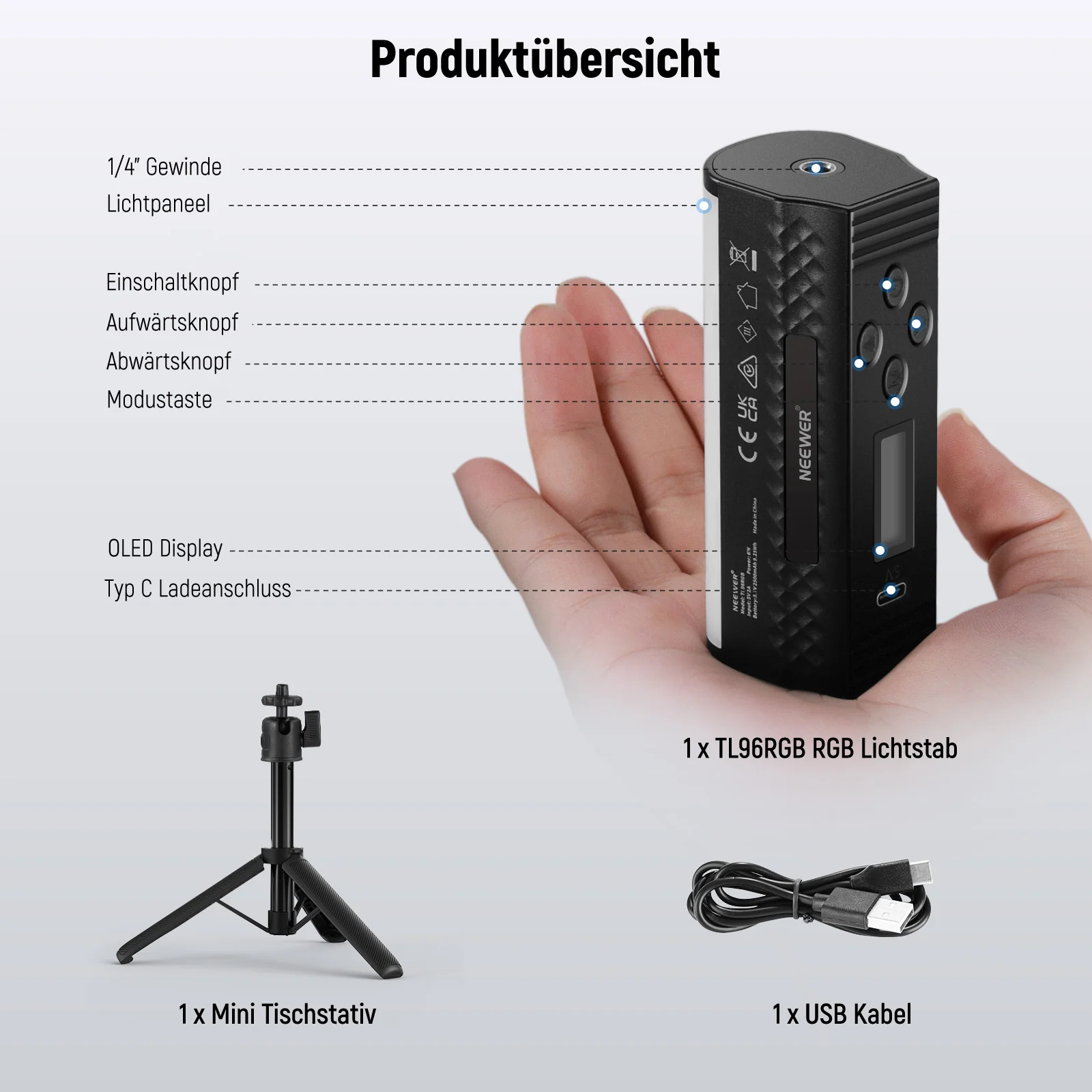 NEEWER BASICS TL96RGB magnetischer Hand Lichtstab mit Tischstativ - Image 8