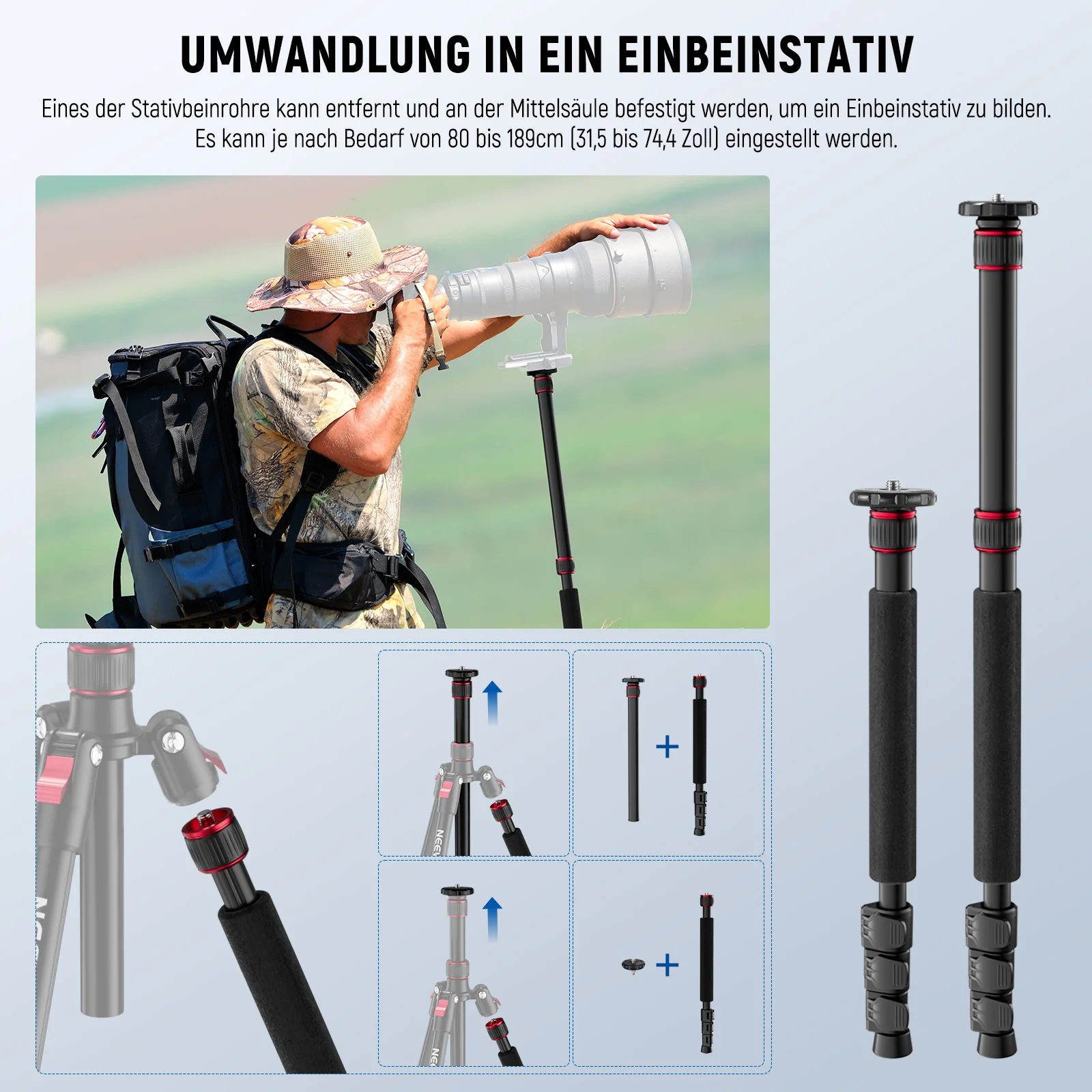 NEEWER BASICS TP15 71" 180cm Kamera Stativ Einbeinstativ - Image 15