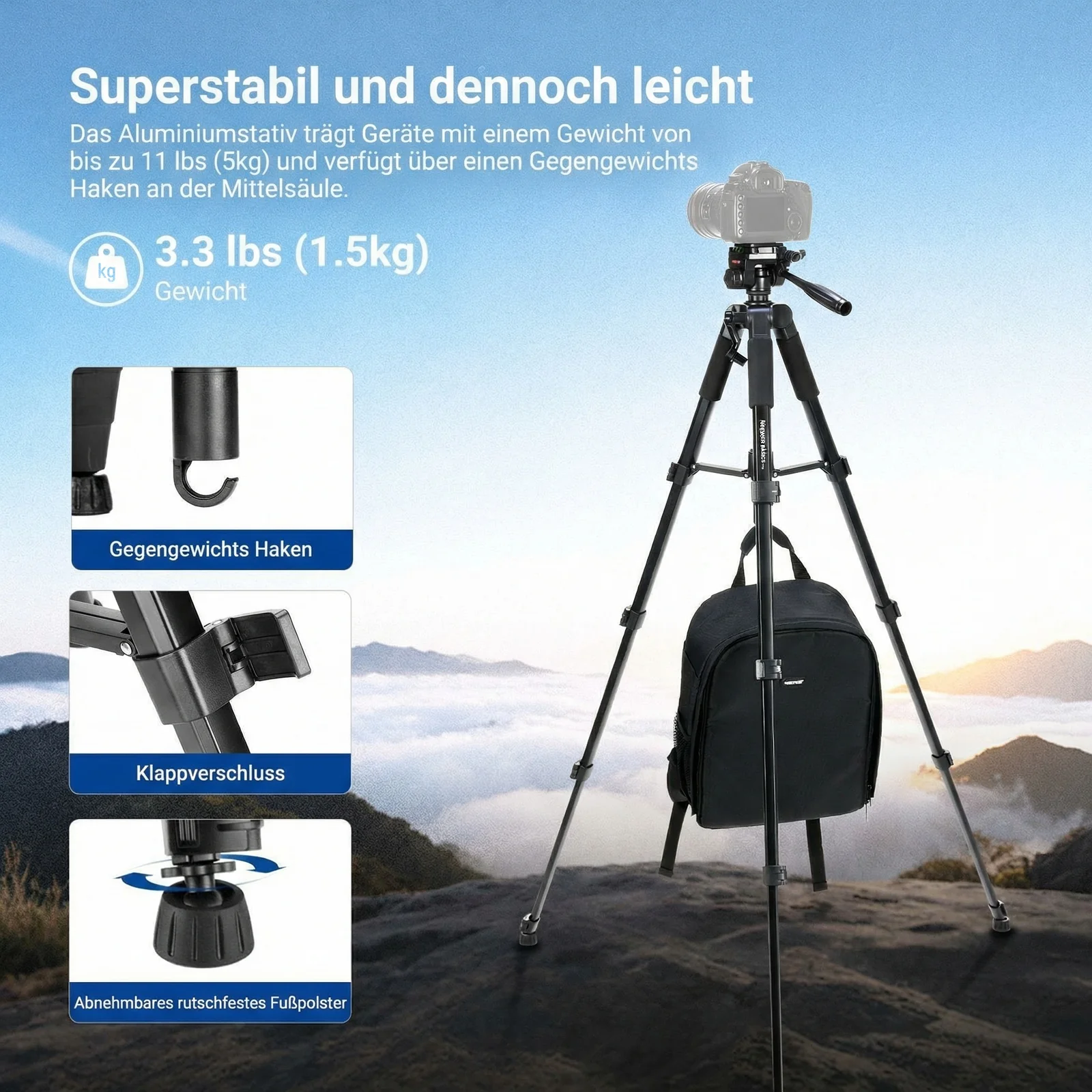 NEEWER BASICS TP56 188cm Kamera Stativ mit Handyhalterung - Image 4