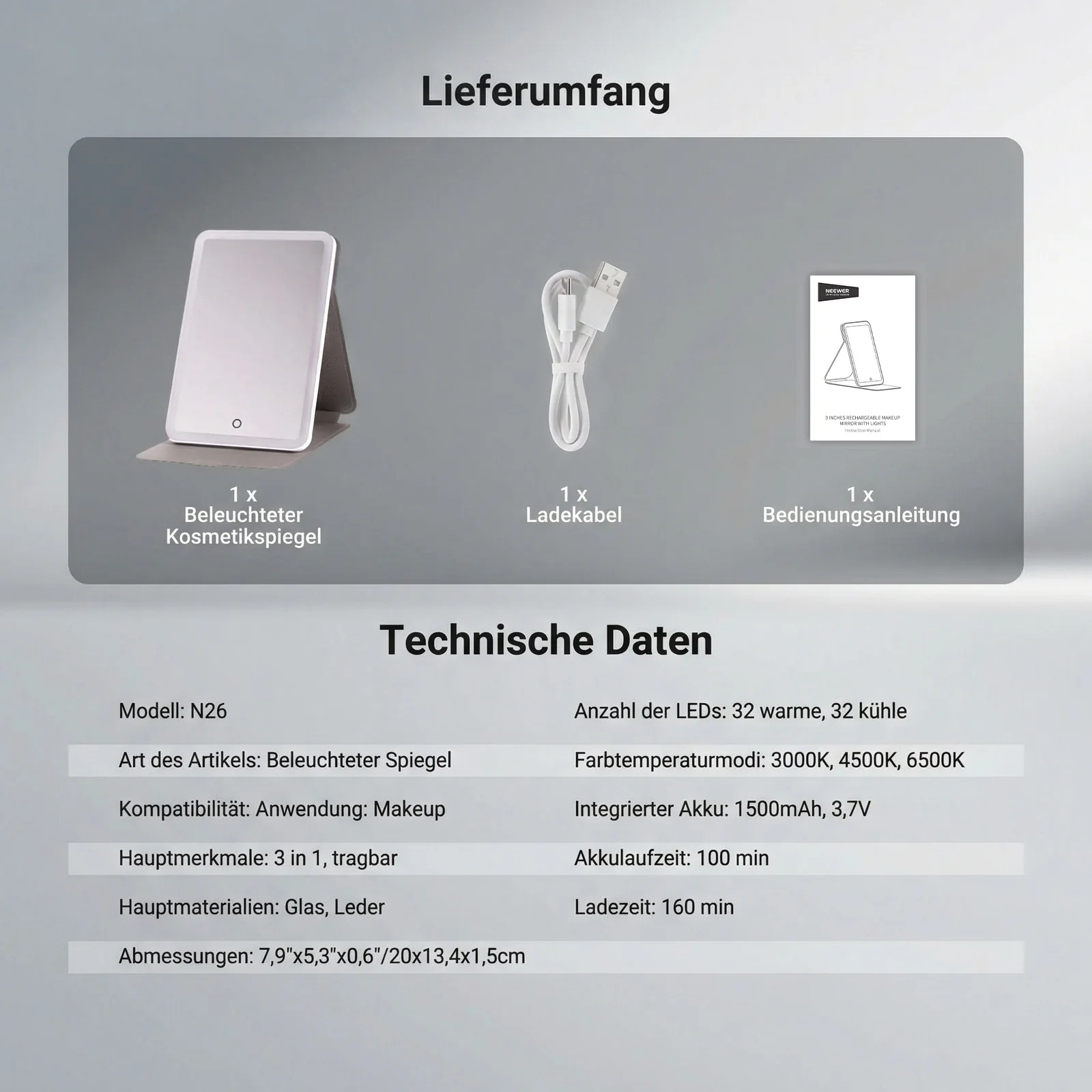 NEEWER ENTRY LEVEL VERSION N26/N27 Beleuchteter LED Reiseschminkspiegel - Image 9