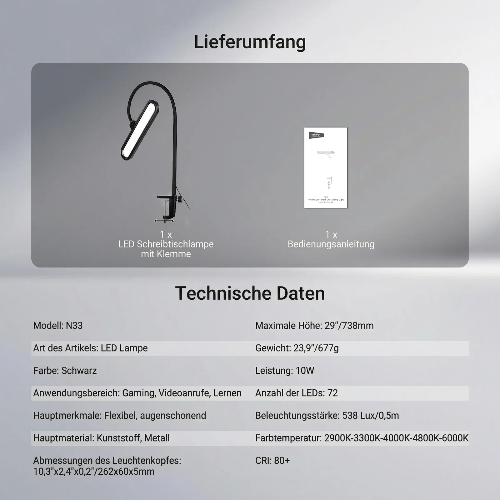 NEEWER ENTRY LEVEL VERSION N33 10W Tischleuchte mit Klemme - Image 9