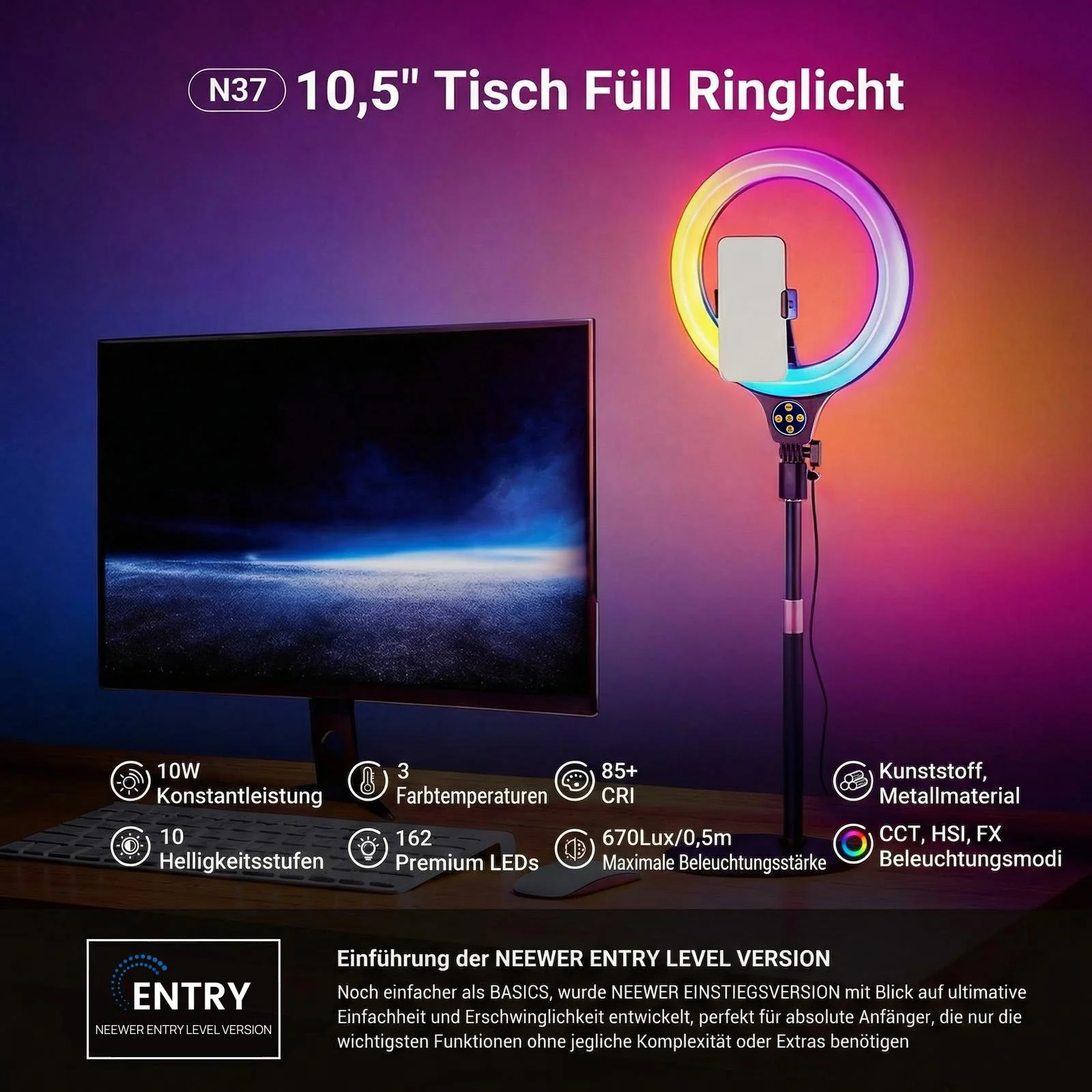 NEEWER ENTRY LEVEL VERSION N37 10.5" RGB Ringlicht mit Tischständer - Image 2
