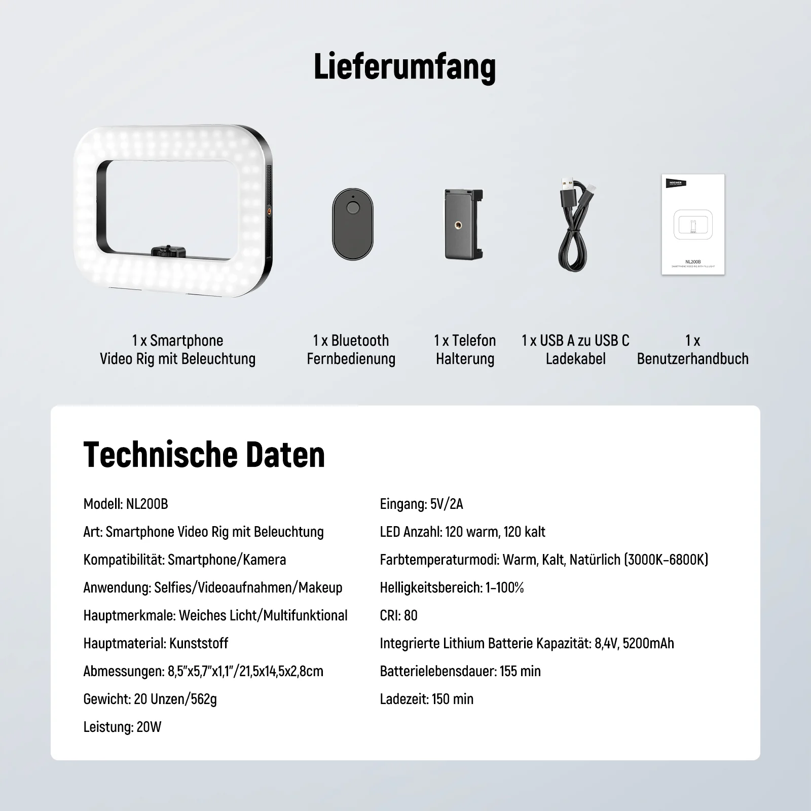 NEEWER ENTRY LEVEL VERSION NL200B Handy Video Rig mit Selfie Licht - Image 7