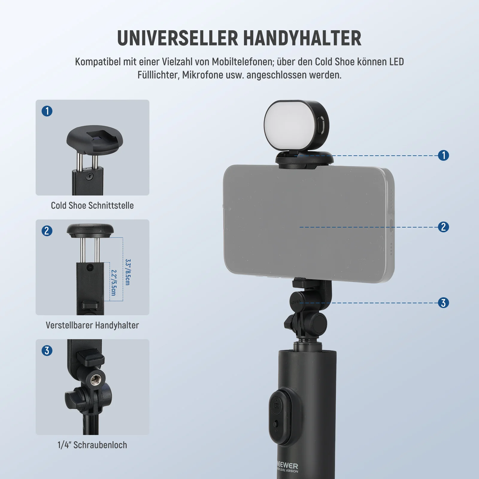 NEEWER ENTRY LEVEL VERSION PA987 170cm Selfie Stick Stativ mit Licht - Image 6