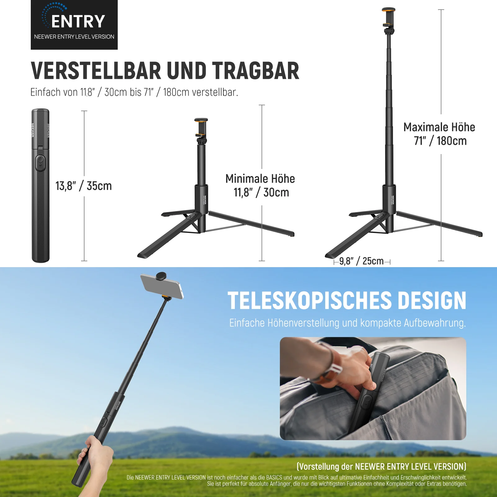 NEEWER ENTRY LEVEL VERSION PA988 71" 180cm Selfie Stick Stativ - Image 2
