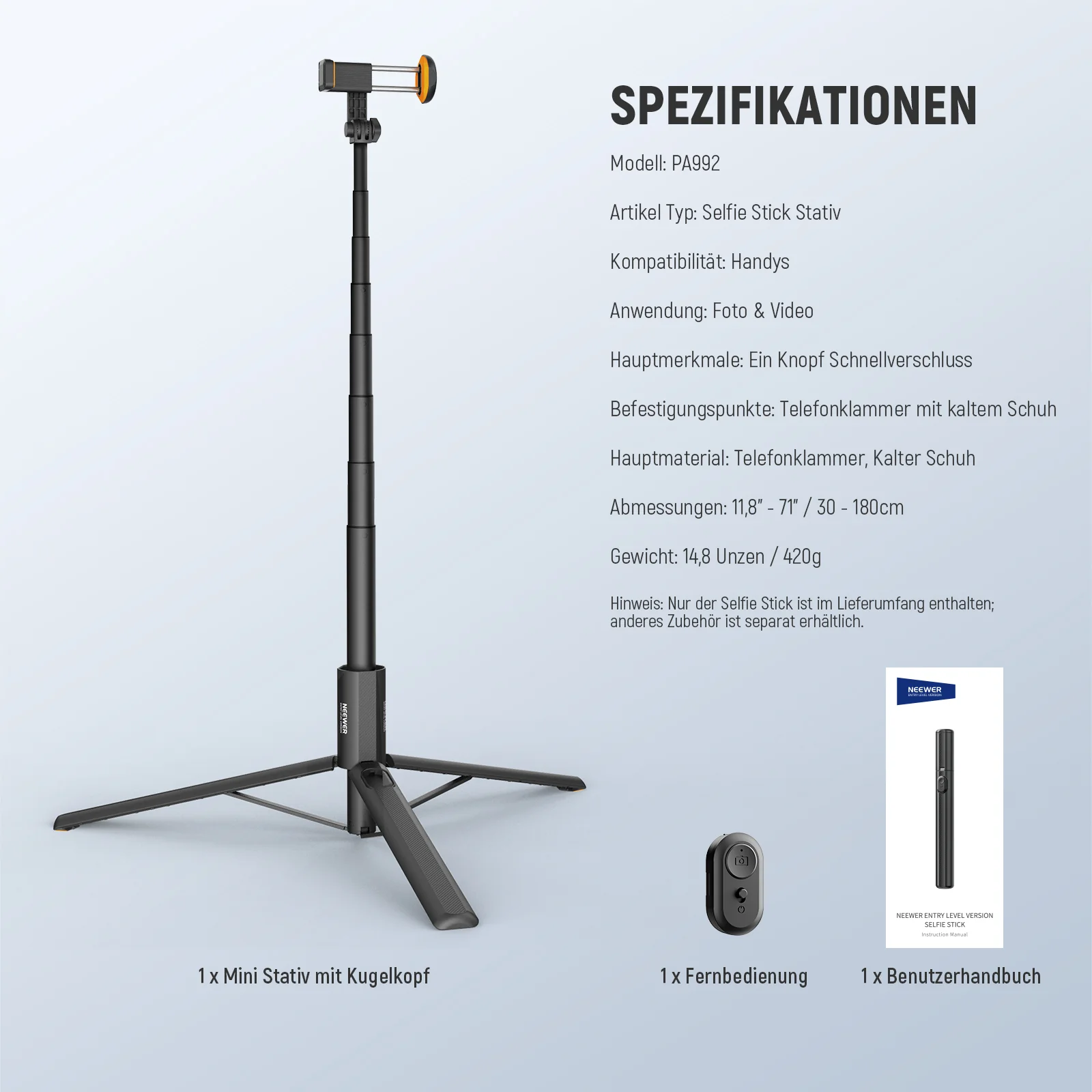 NEEWER ENTRY LEVEL VERSION PA988 71" 180cm Selfie Stick Stativ - Image 8