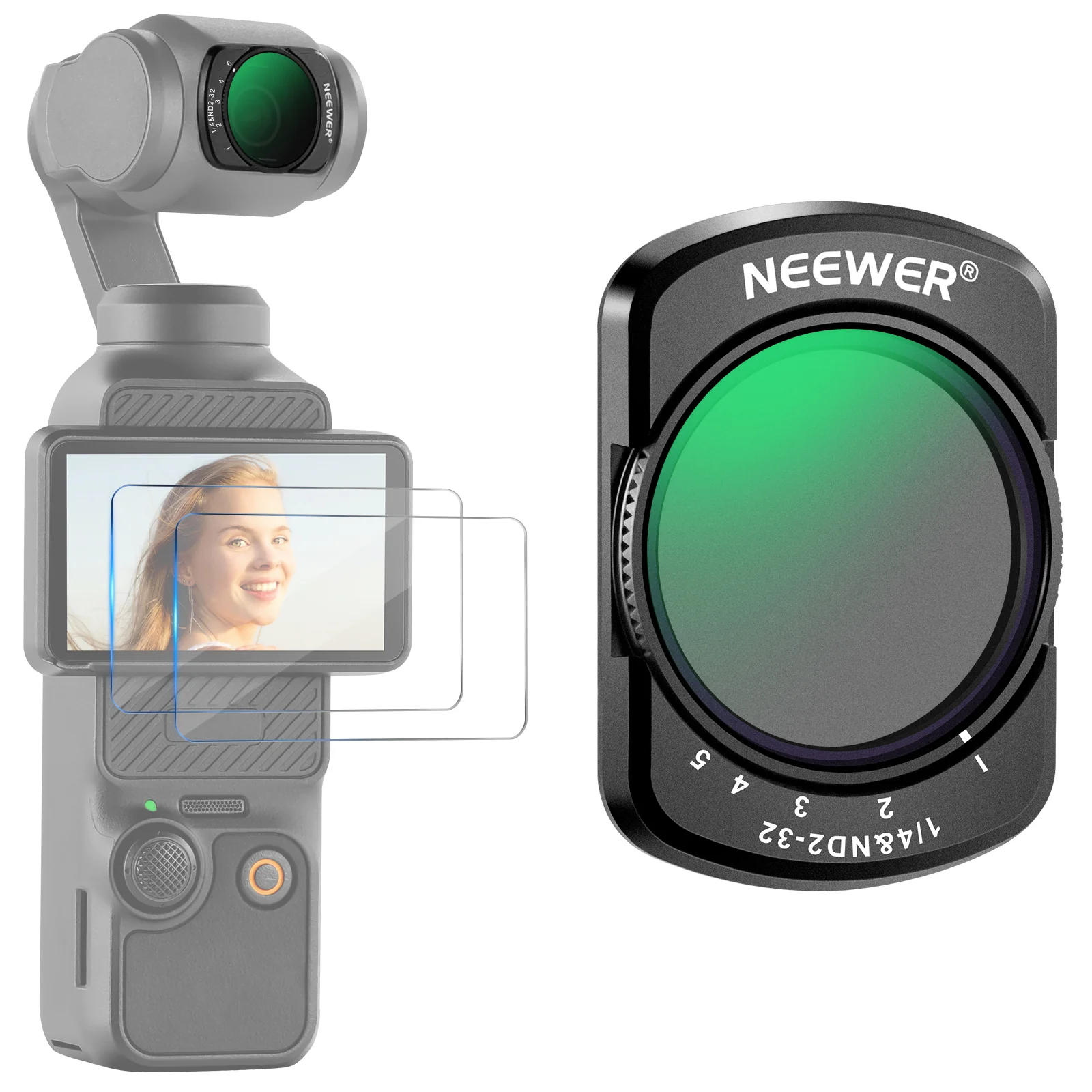 NEEWER FL-83 Variabler ND2-32 & 1/4 Black Diffusion Filter für DJI Osmo Pocket 3 / Pocket 4 & Xtra Muse