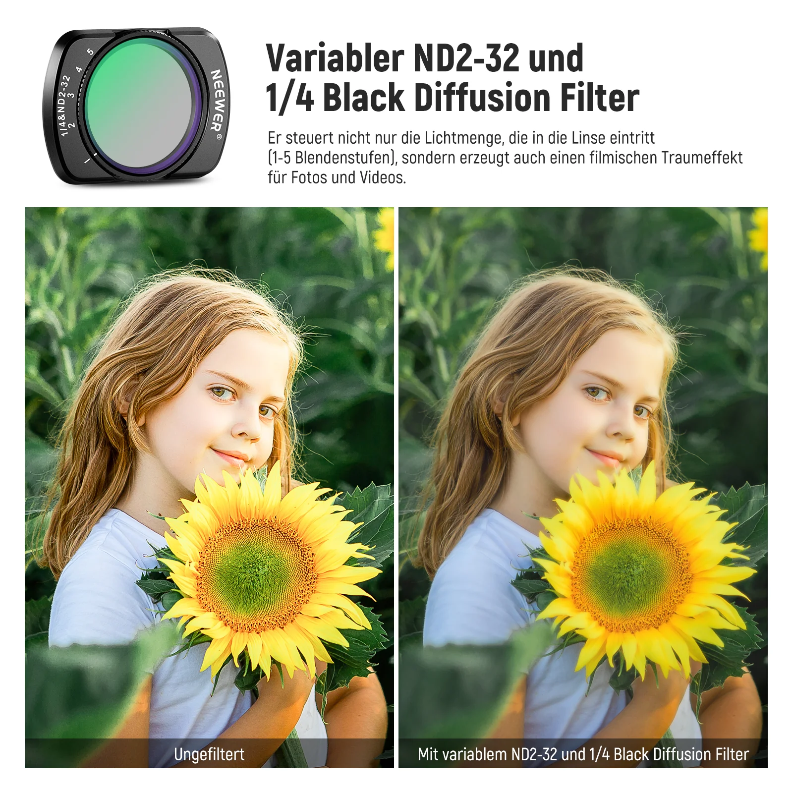 NEEWER FL-83 Variabler ND2-32 & 1/4 Black Diffusion Filter für DJI Osmo Pocket 3 / Pocket 4 & Xtra Muse - Image 3