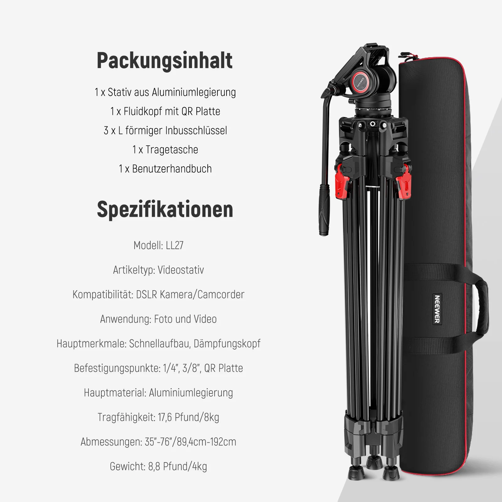 NEEWER LL27 76“ 192cm Profi Aluminium Videostativ mit einstellbarer Fluiddämpfung - Image 9