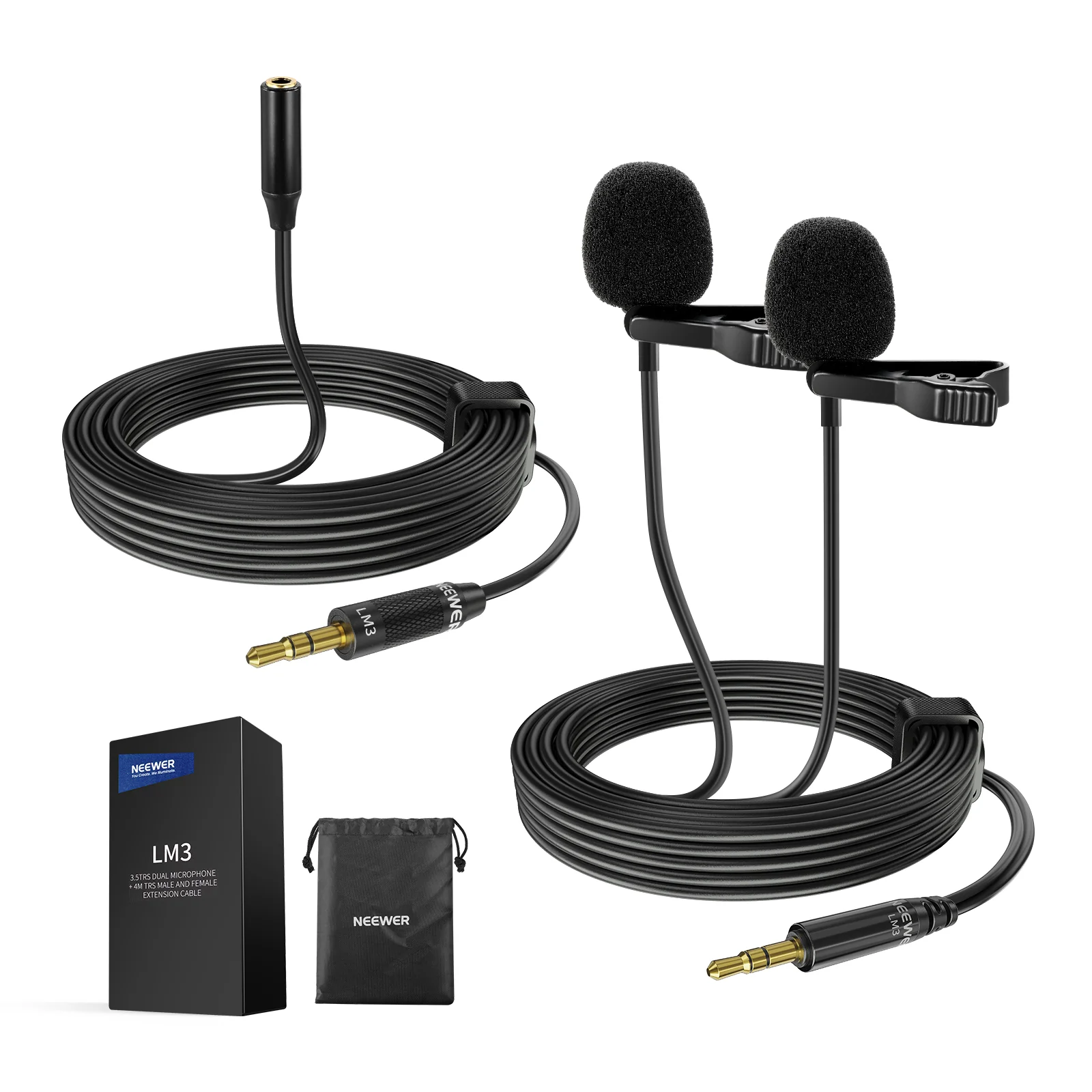 NEEWER LM3 Doppelkopf 3,5mm TRS Ansteckmikrofon mit 4m Verlängerungskabel
