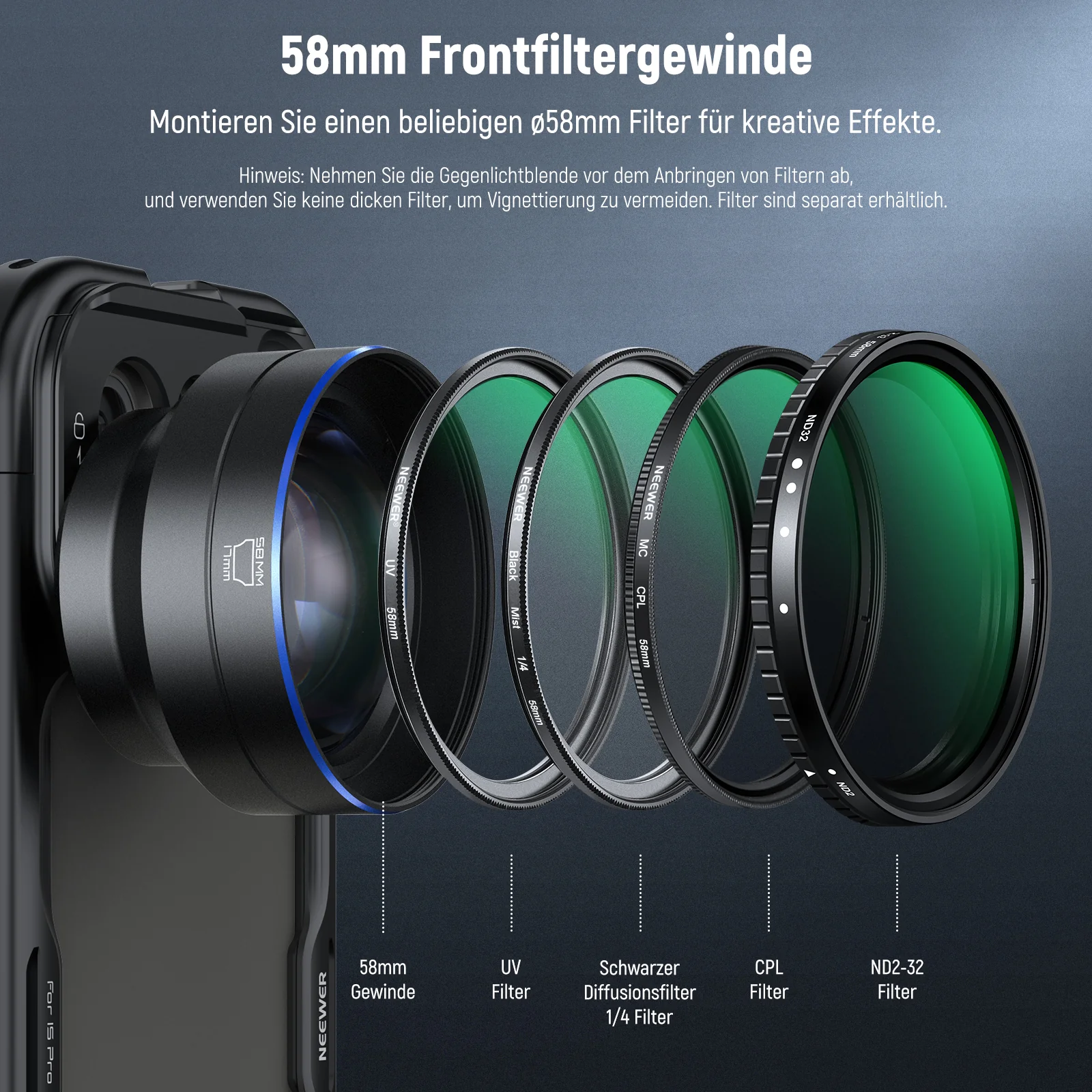 NEEWER LS-66 65mm HD Teleobjektiv mit 17mm Gewinde Linsenrückplatte & Handy Käfig - Image 6