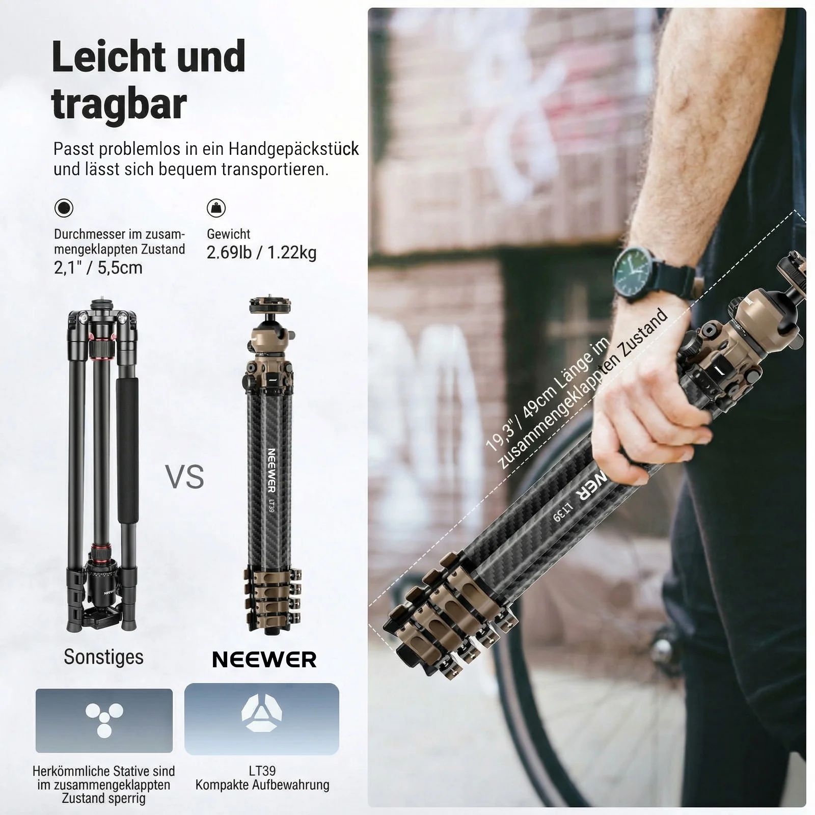 NEEWER LT39 158cm Kohlefaser Reisestativ - Image 2