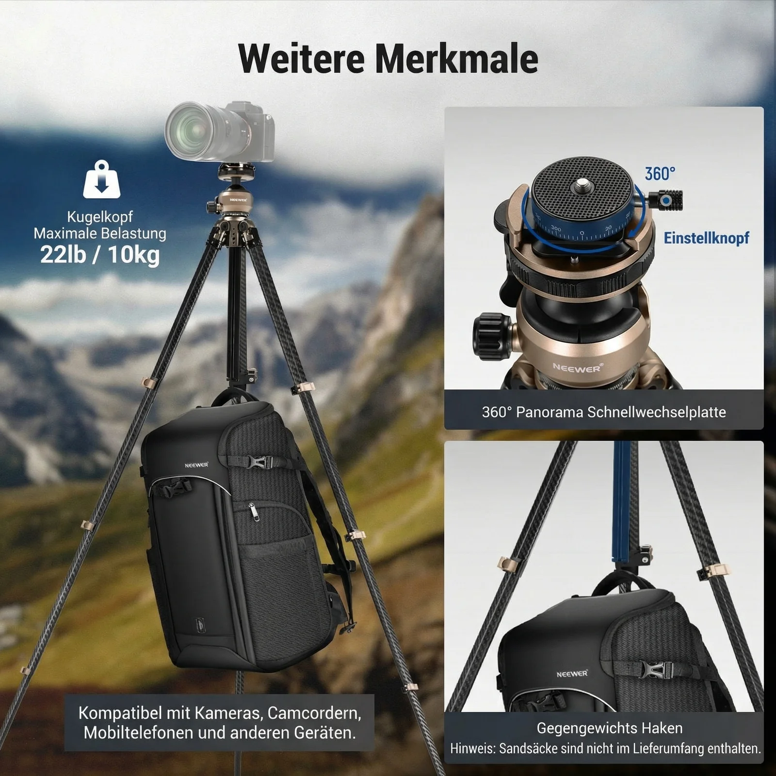NEEWER LT39 158cm Kohlefaser Reisestativ - Image 6